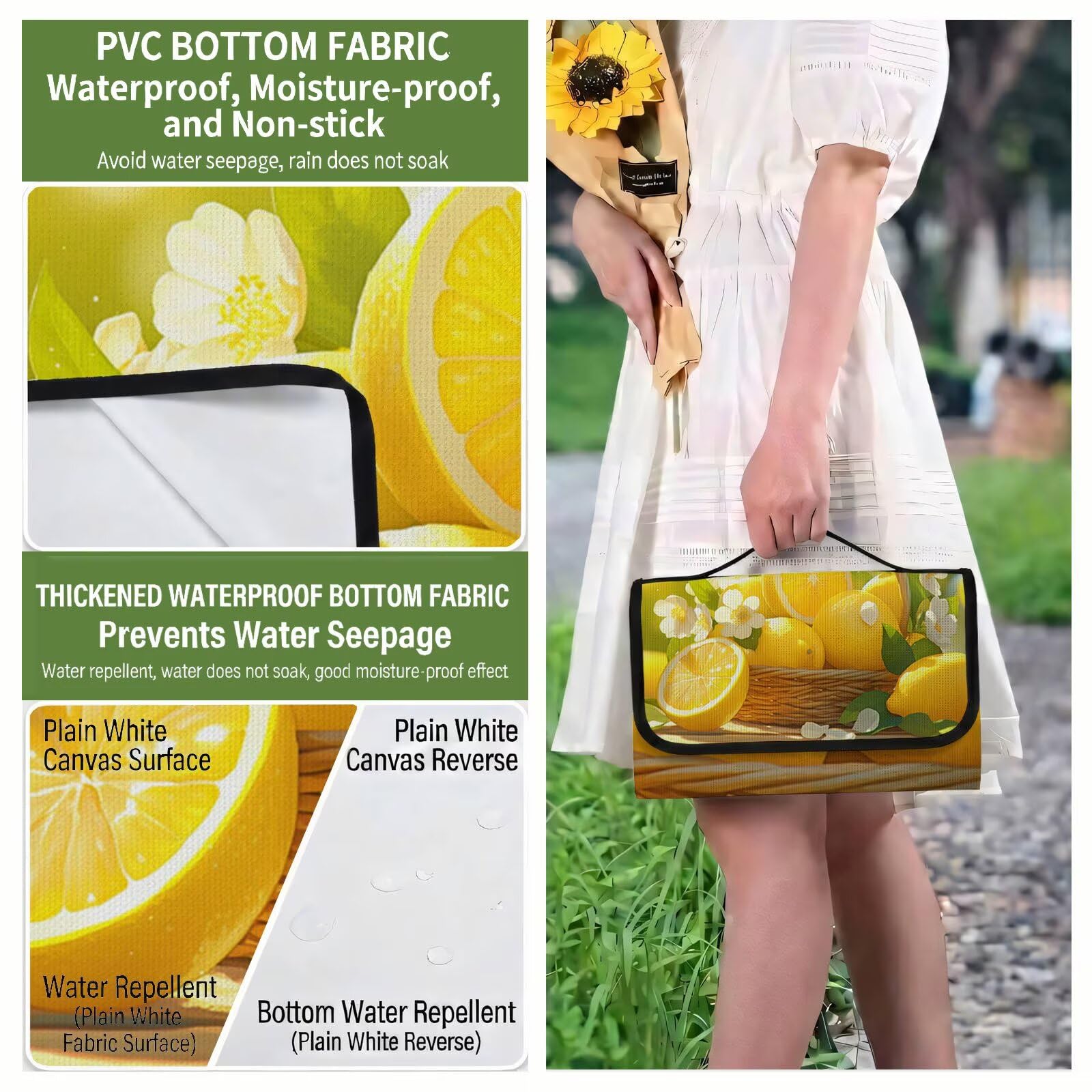 Couverture de Pique-Nique Grande 200x300cm,Outdoor Couverture Imperméable,Pliable Tapis de Plage Dos en PVC Anti-Sable,Picnic Blanket pour Camping Accessoires,Jardin,Parc,Famille - Fruit,citron UZ-542