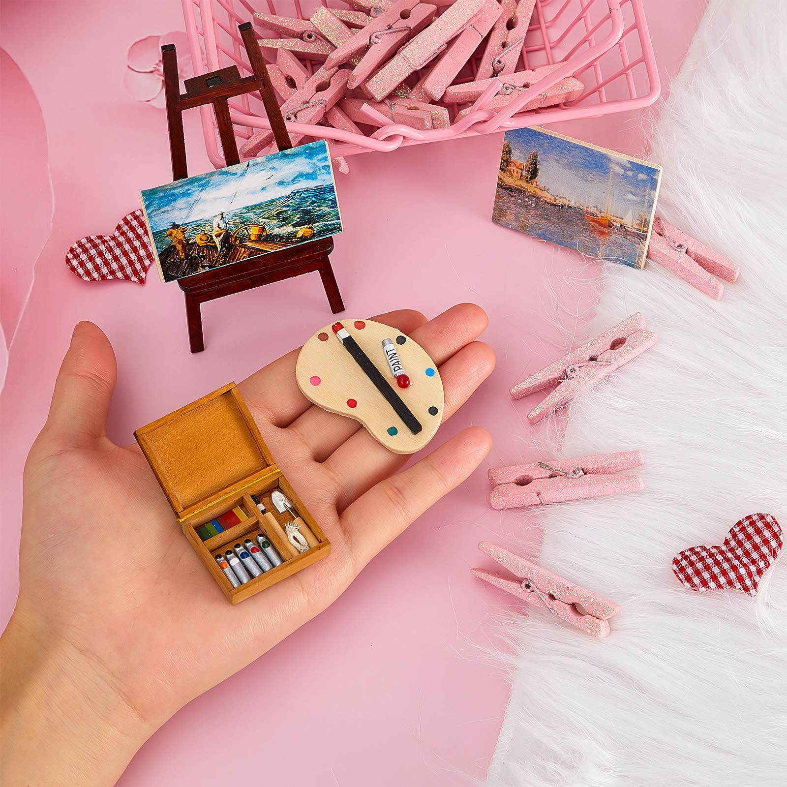 Juego de accesorios de pintura de casa de muñecas de 3 piezas, caballete de madera, paleta en miniatura, caja de acuarela para muñecas 3