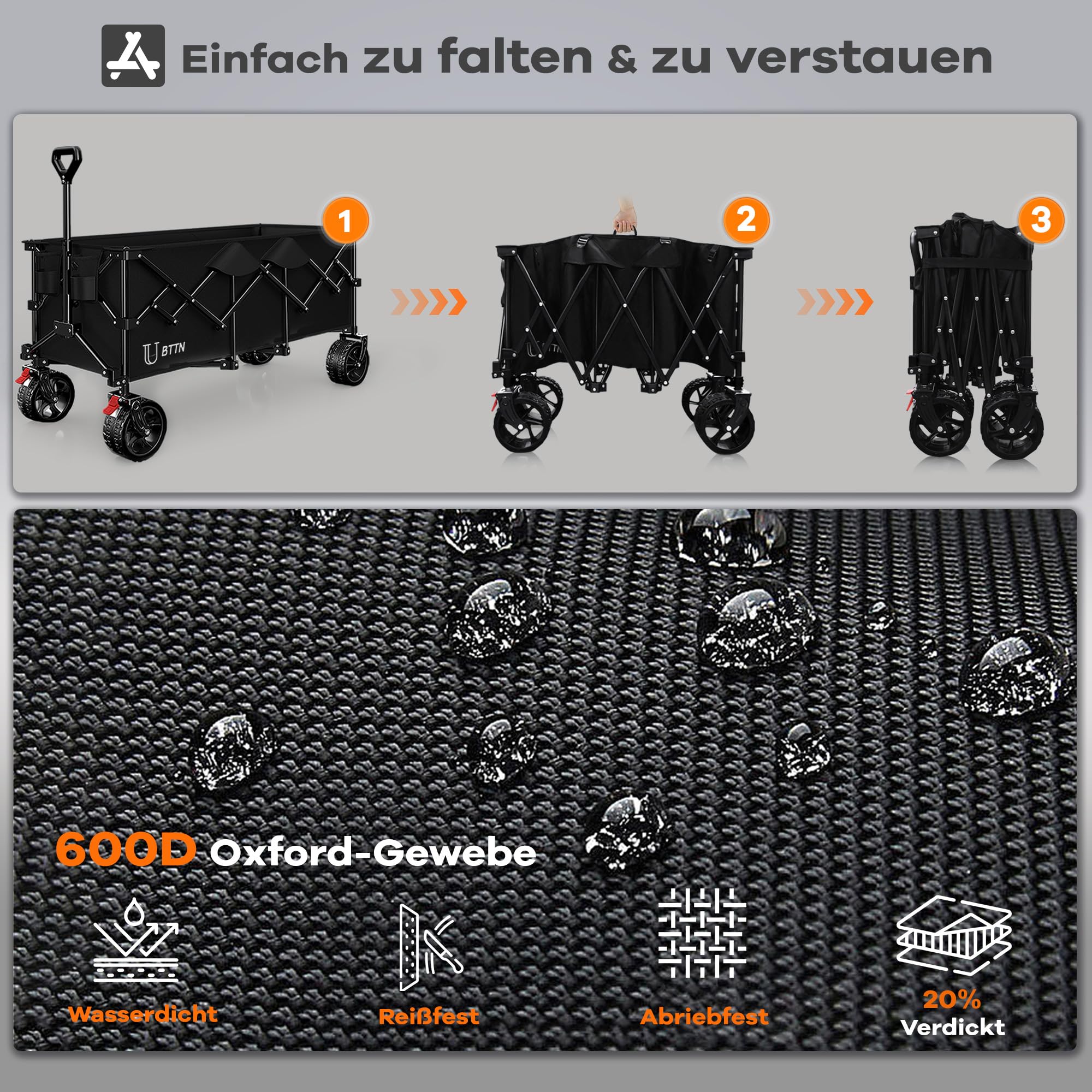 BTTN XXXL Bollerwagen Faltbar 300 L / 210 kg Traglast – mit Bremsen, 18×10 cm Breitreifen – Klappwagen für Garten, Strand, Camping & Einkaufen – Schwarz