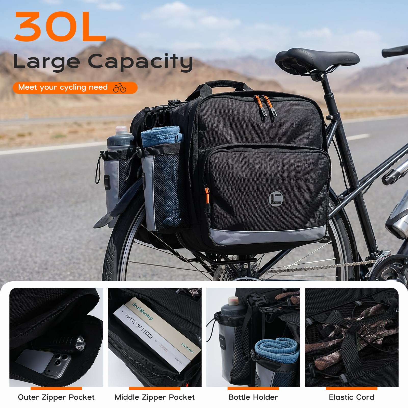 30L Borse per Bici, Borsa Posteriore Bicicletta Impermeabile Borse Laterali Bici Doppia Sacca Riflettente 1680D Nylon Borsa da Portapacchi con Manico per Ciclismo Viaggi Pendolarismo (A)