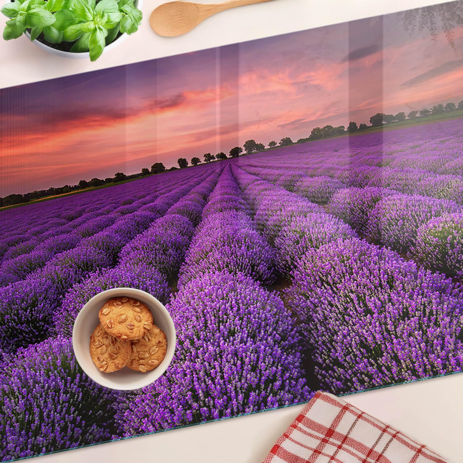 Tagliere in Vetro Protezione 80x52 cm Durevole e Igienico Antigraffio Facile da Pulire con Piedini Antiscivolo Rettangolare Resistente al Calore da Cucina con Stampe - Campo di lavanda