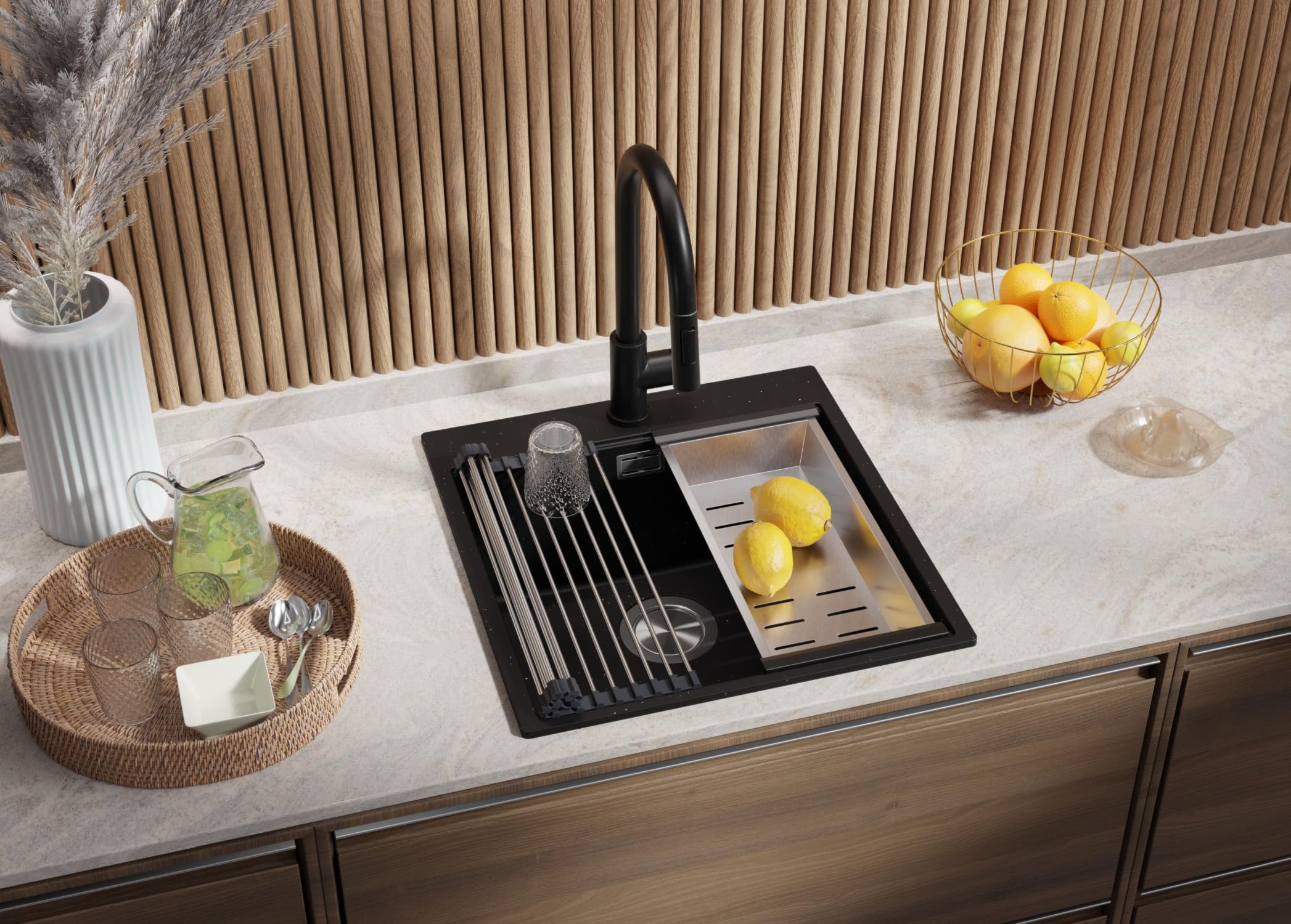PRIMAGRAN Fregadero Cocina Negro Metallic - Oslo Top, 48x50cm | Granito 1 Seno + Zuberhor-Set, sobre Encimera al Mueble 50cm (S296)
