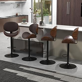 civama Bar Stools Set of 4 for Kitchen Counter, Adjustable Bar Height Chairs, Modern Swivel Barstools with Bentwood Seat and Back with Footrest for Kitchen Island, Dining Room, Brown PU Leather