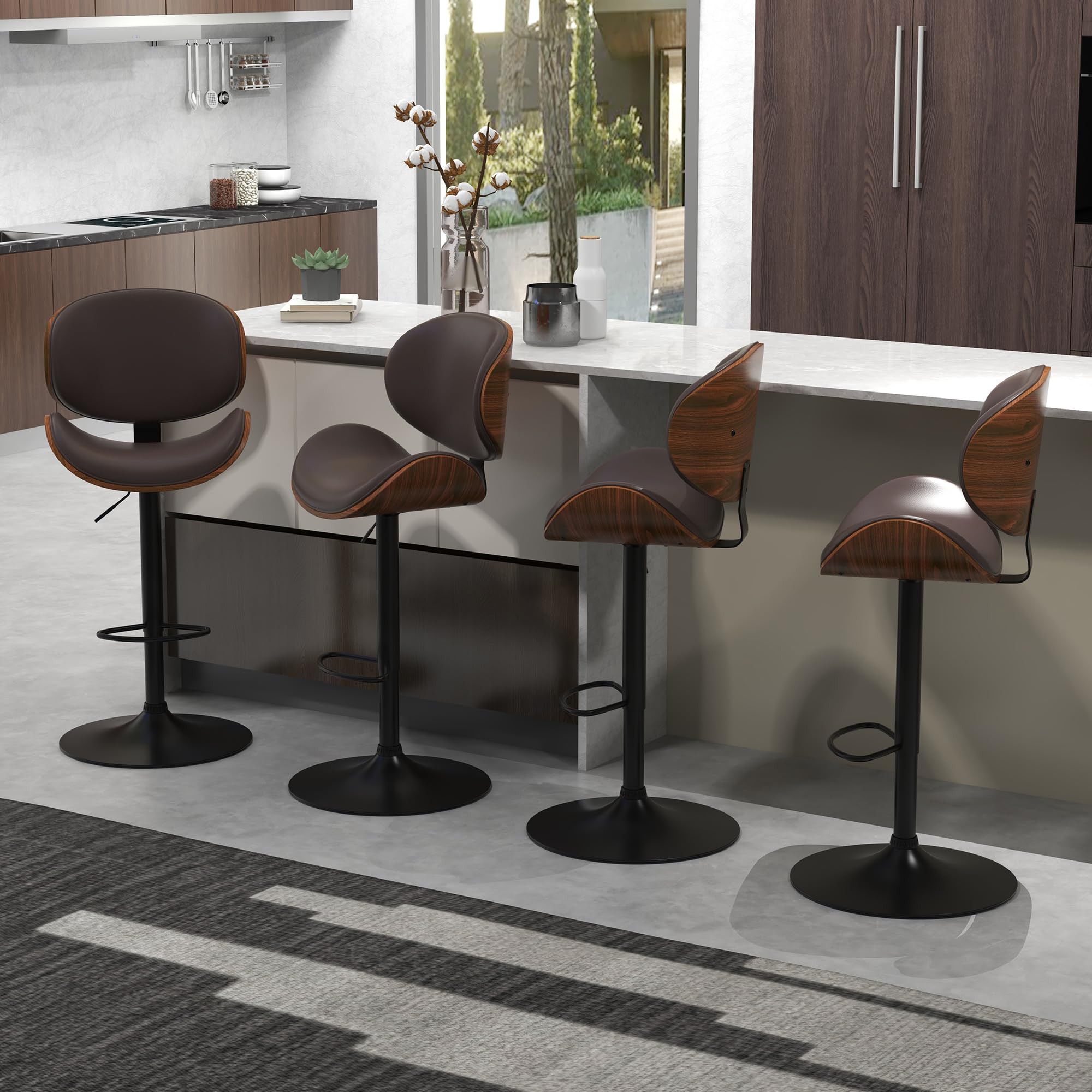 civama Bar Stools Set of 4 for Kitchen Counter, Adjustable Bar Height Chairs, Modern Swivel Barstools with Bentwood Seat and Back with Footrest for Kitchen Island, Dining Room, Brown PU Leather