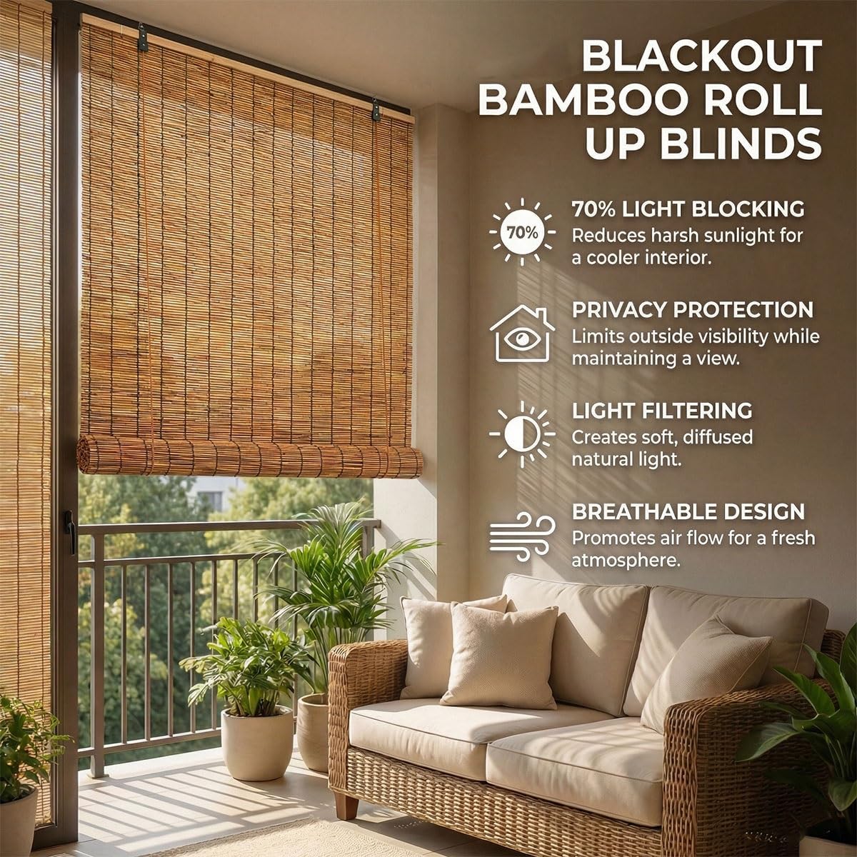 RETR Bambusrollo Outdoor Wetterfest, Sichtschutz Rollo für Balkon, Lichtfilternde Rollo Bambus für Garten, Sonnenschutz Bambus Jalousie Außen, Natur Schilf Vorhang(Natural,120 x 180 cm)