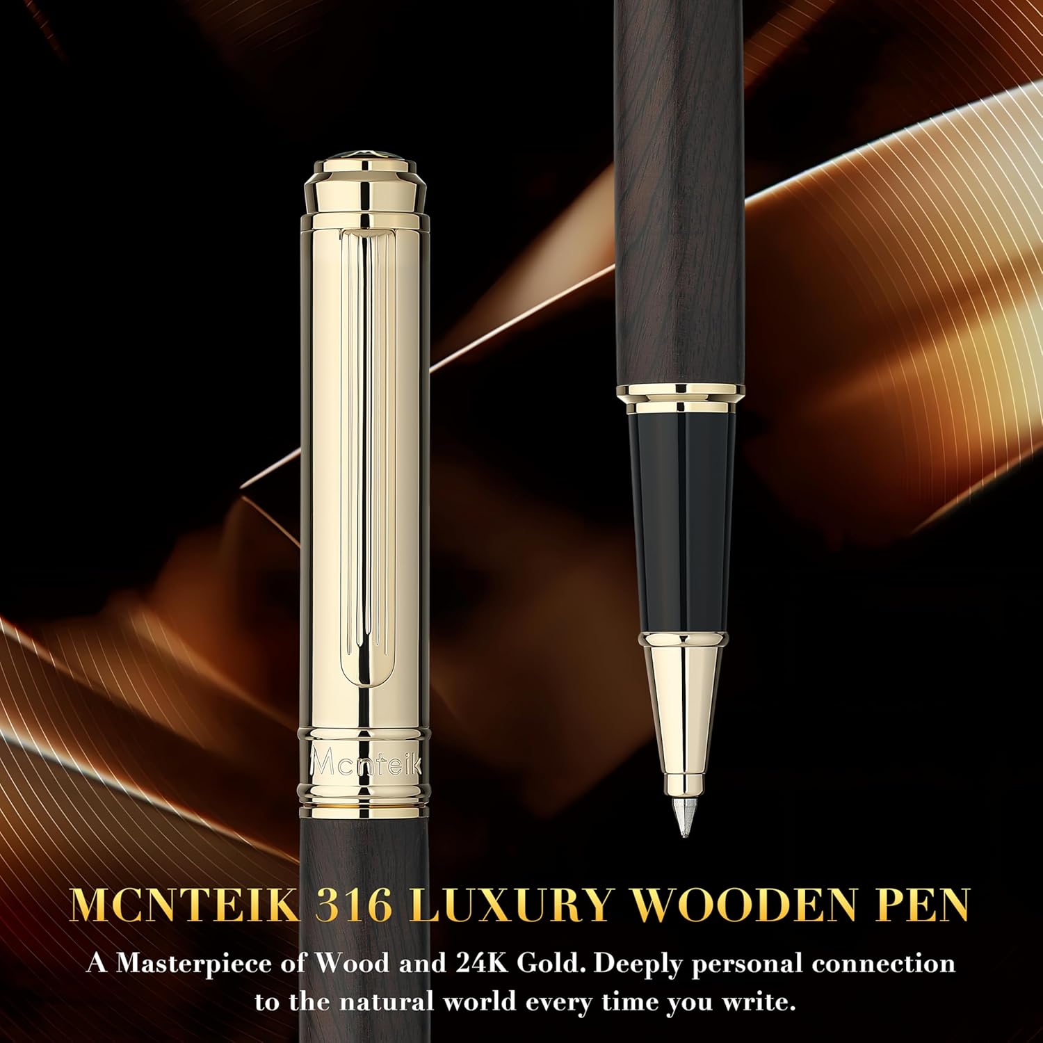316 Luxury Journaling Pen, Nice Natural Wood for Writing, 24K Gold Accents, Schmidt refill, Fancy Rollerball, Wooden Gift Set for Men & Women, Executive & Graduation Work Christmas Pens-Blackwood - Image 3