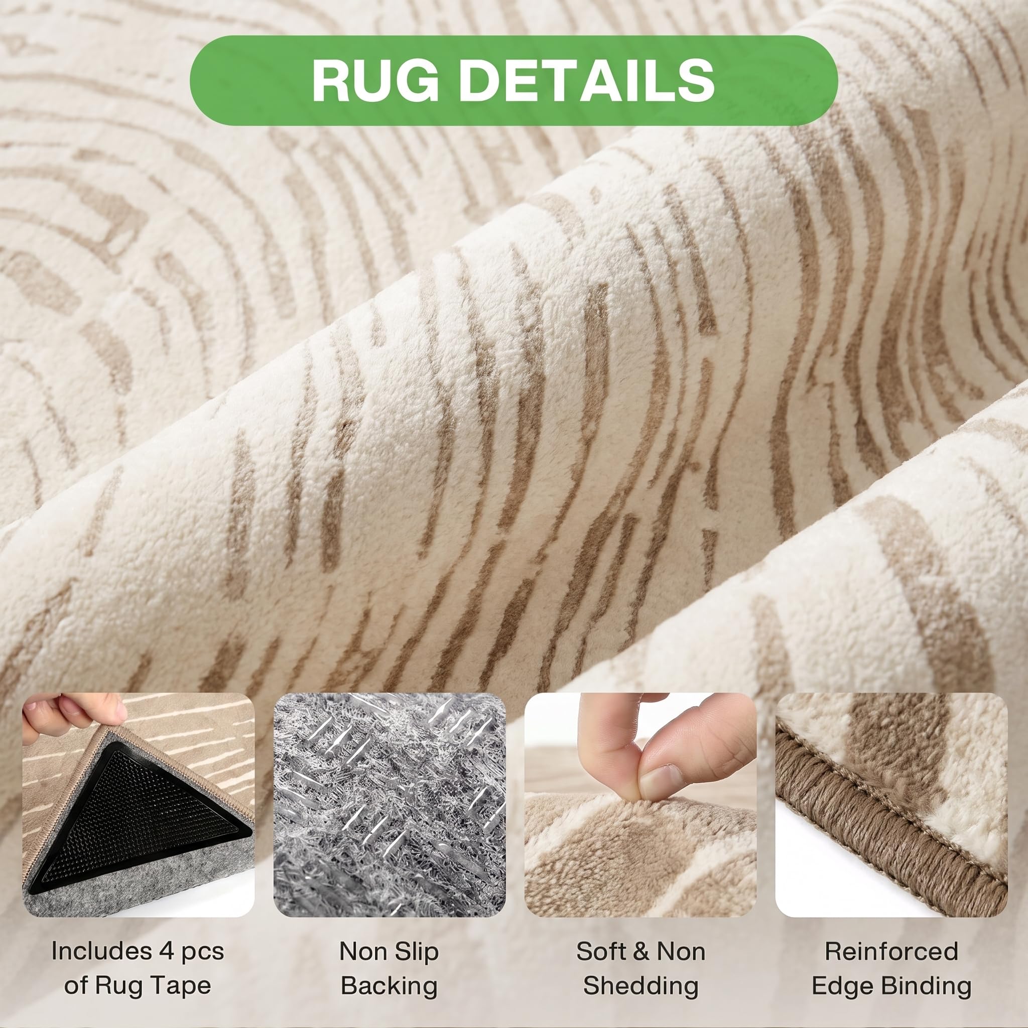 Teppich 200 x 300 cm Beige, Moderner Waschbarer Teppich für Wohnzimmer | Weicher Rutschfester Boho-minimalistischem Stil Teppich – pflegeleicht, haustierfreundlich und OEKO-TEX zertifiziert