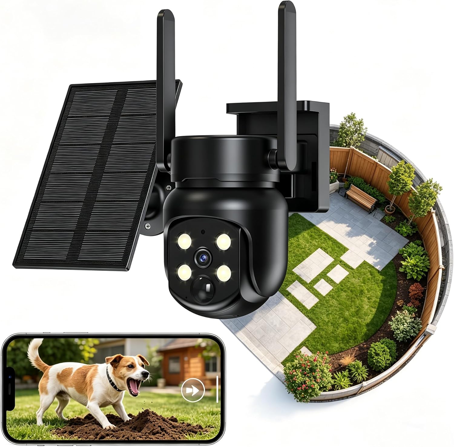 Heyall 360° Outdoor Pet Camera : Draw Custom Keep-Out Zones in App — Instant Bark/Dig Alerts & Auto-Warning — Stop Backyard Garden Destruction