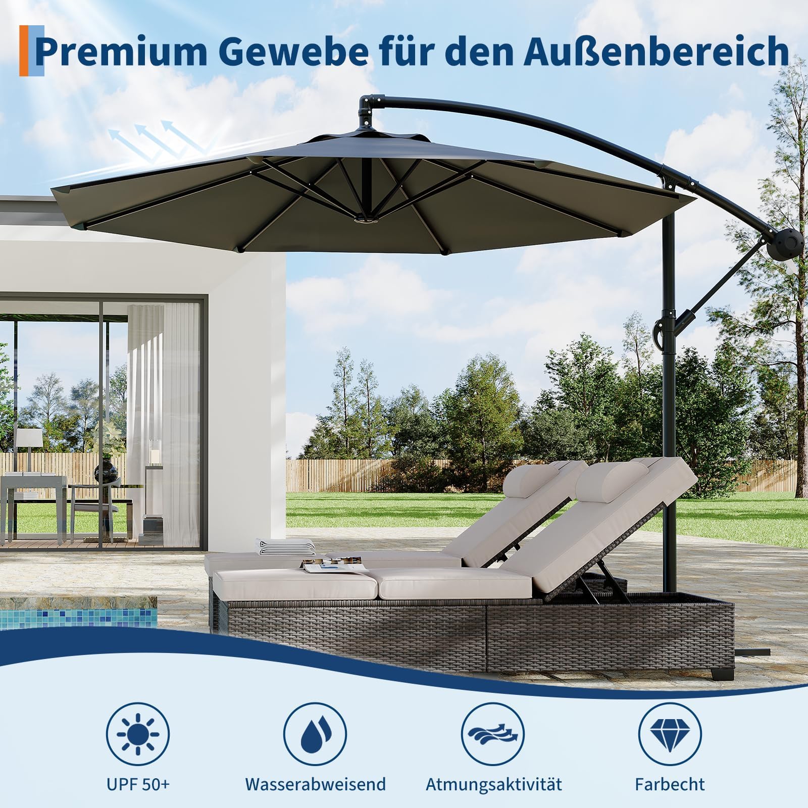 Sombrilla redonda de 3 m exterior con manivela, parasol voladizo reclinable y giratorio 360°, base cruzada, bolsa de transporte, impermeable y anti UPF 50+, para jardín, terraza, balcón, piscina