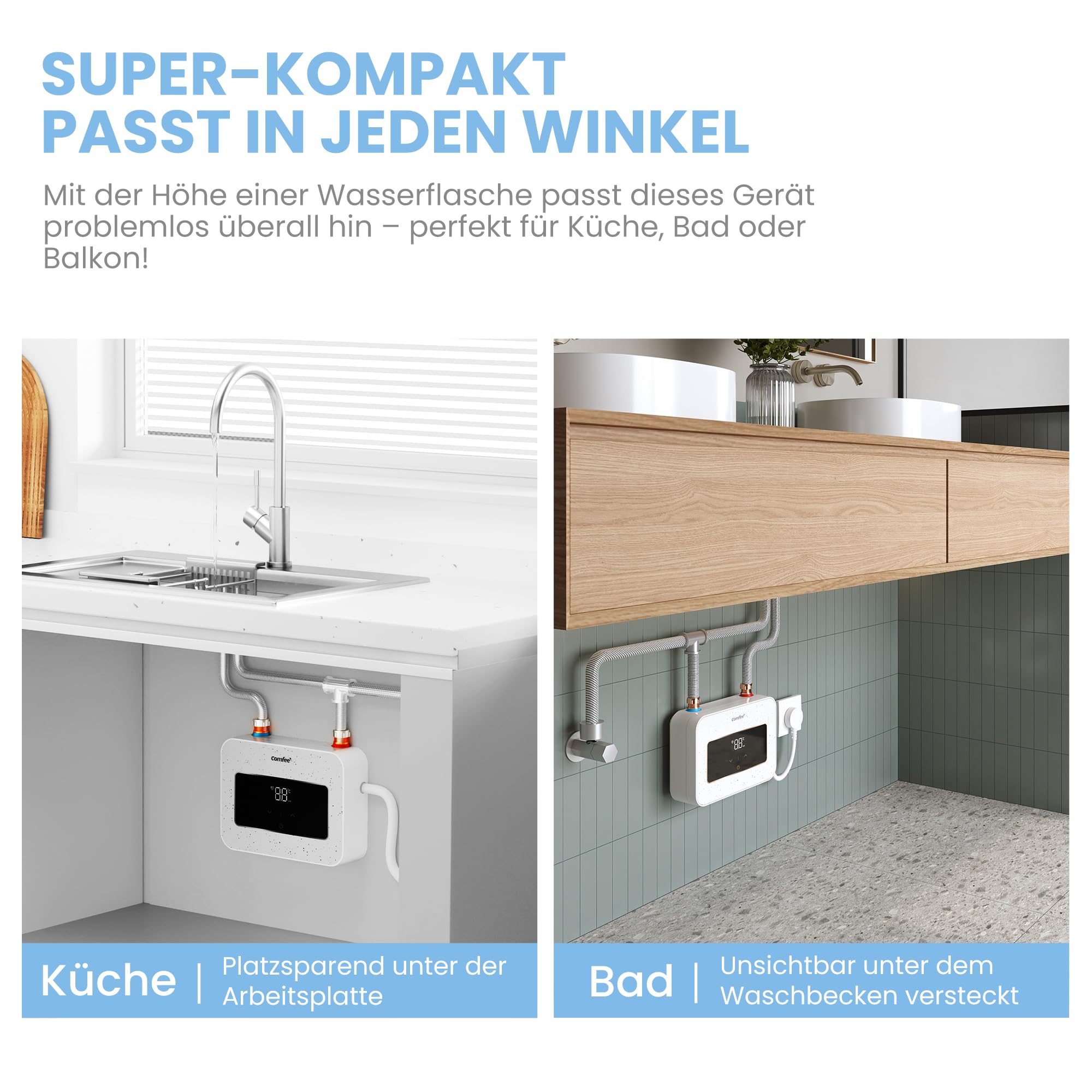 COMFEE' CWH3.5EA1W Mini Durchlauferhitzer 3,6 kW für Handwaschbecken, Elektrische Durchlauferhitzer Klein 230V Untertisch, Elektronisch geregelt, Druckfest, Sofortige Warmwasserbereitung, Platzsparend