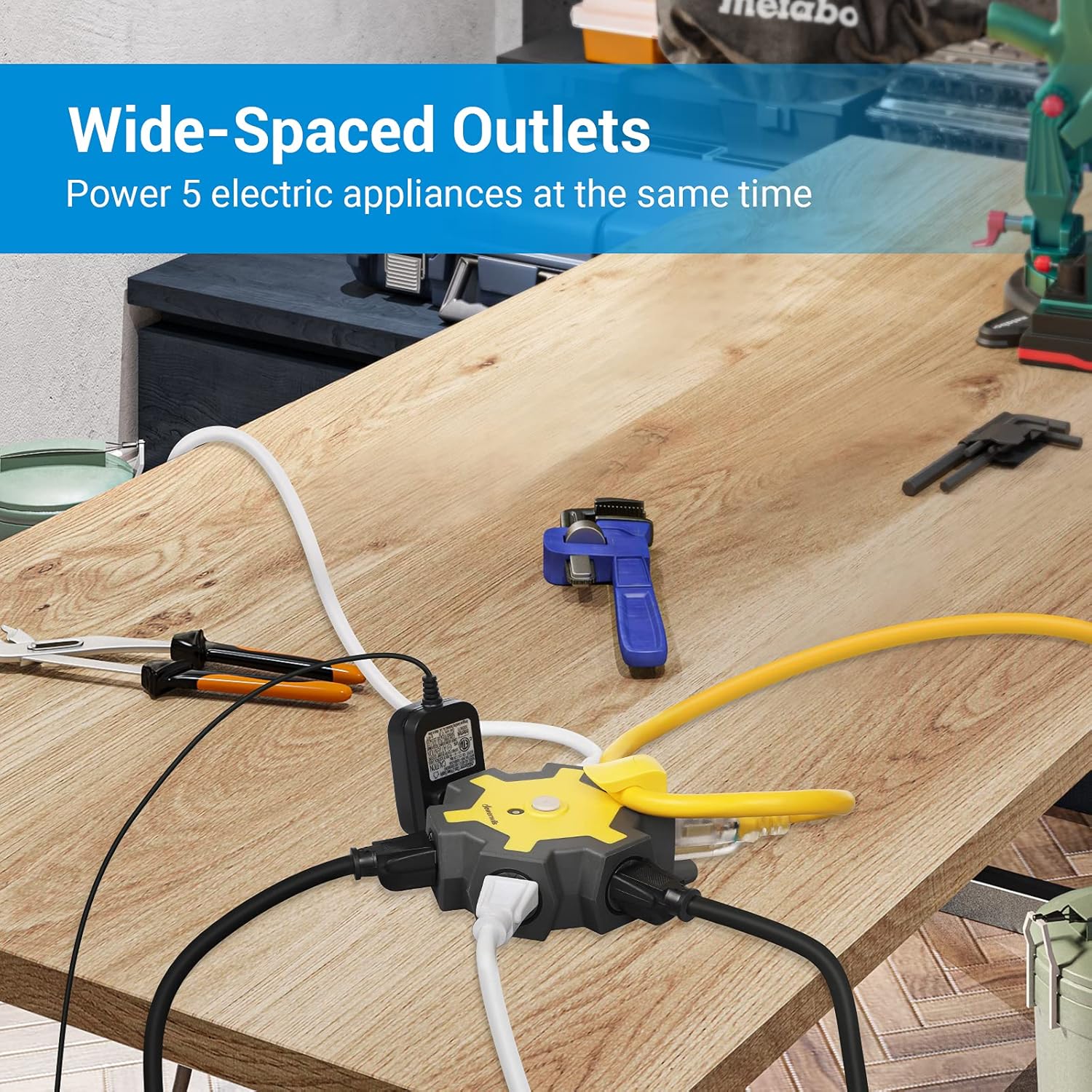DEWENWILS Outdoor Extension Cord Power Adapter, Heavy Duty 5-Outlet Power Hub with Swivel Safety Covers, Widely-Spaced Power Outlet for Workshop, Jobsite, Garage, 15A Circuit Breaker, ETL Listed : Tools & Home Improvement