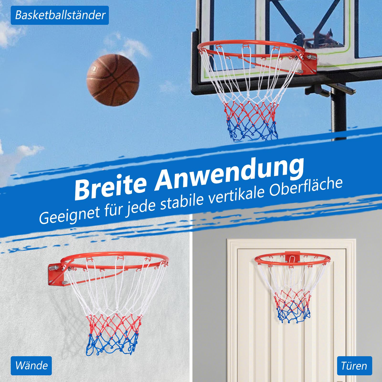 GYMAX Aro de Baloncesto de 45 cm / 37 cm, A Montado en la Puerta de la Pared, Aro de Baloncesto de Repuesto para Todo Clima con Red, Aro de Baloncesto Colgante para Interiores y Exteriores
