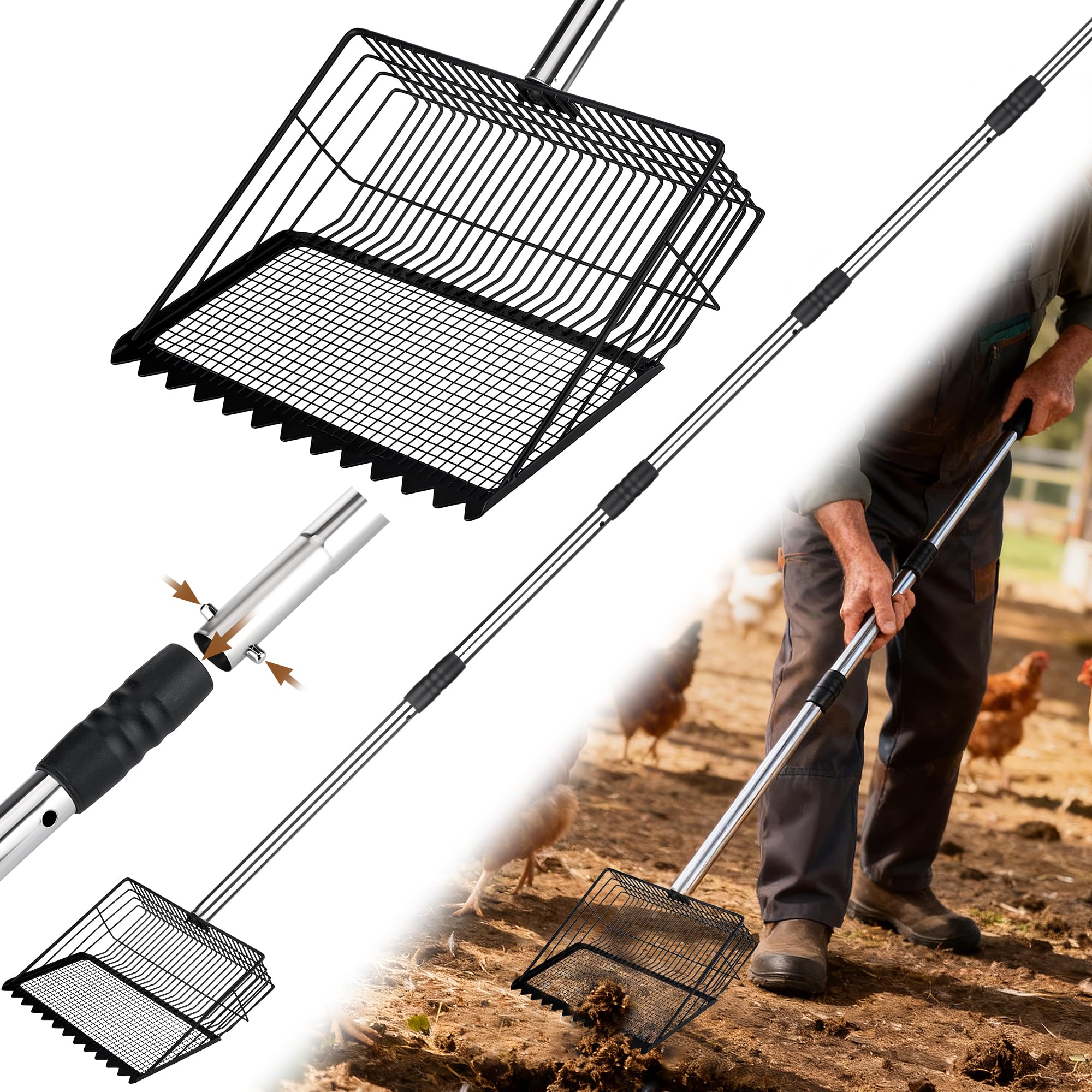 Grand Scooper de Caca de Poulet 25 cm avec Manche Réglable 60 à 175 cm, Pelle à Litière Métal avec Tamis Fin 7 mm pour Séparer Le Sable, Pelle à Déjections pour Poulailler ou Abri d'animaux