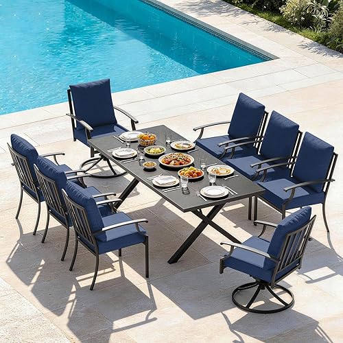 Miniatura 52 de Juego de 10 piezas de comedor para patio al aire libre, mesa de patio y sillas de ratán con agujero para paraguas, juego de mesa de comedor para 8