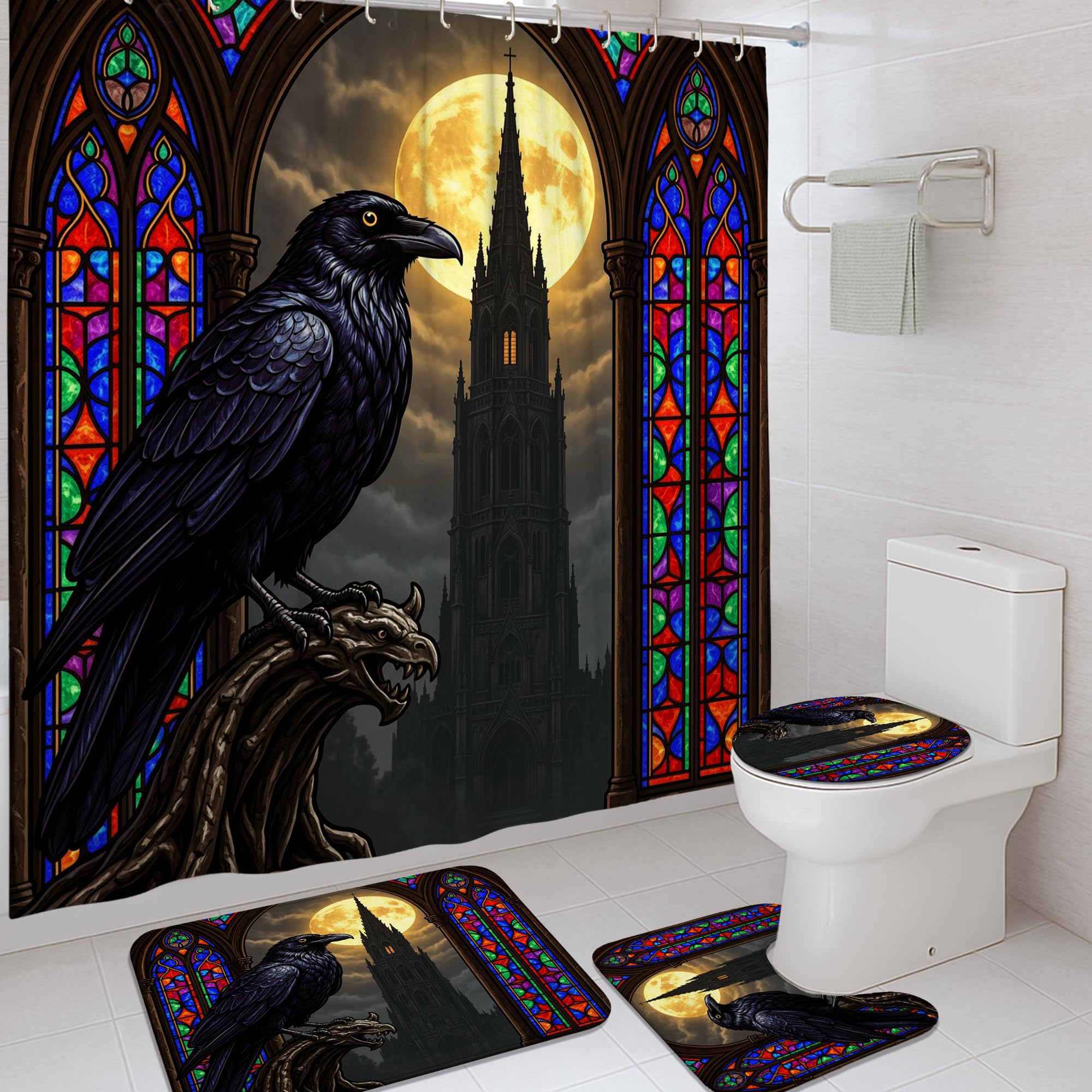 Rideau de douche gothique corbeau et tapis de bain lune pour deco Halloween