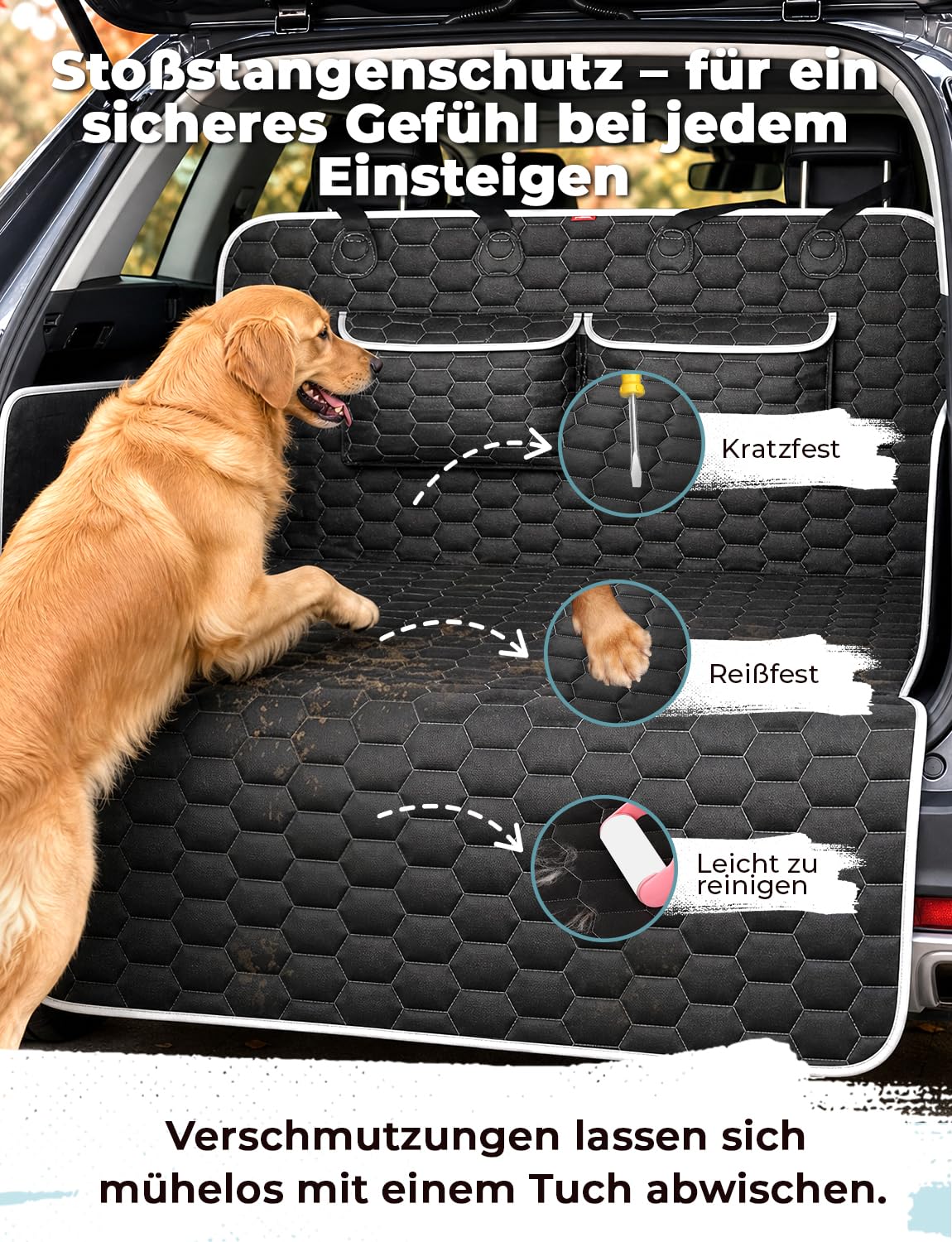 Oasser Kofferraumschutz Hund Kofferraum Schutzmatte 185x103cm Universal Auto 600D mit 2 Großen Taschen Seiten-und Ladekantenschutz Wasserdicht Kratzfest rutschfest Staubdicht für Limousinen und SUV