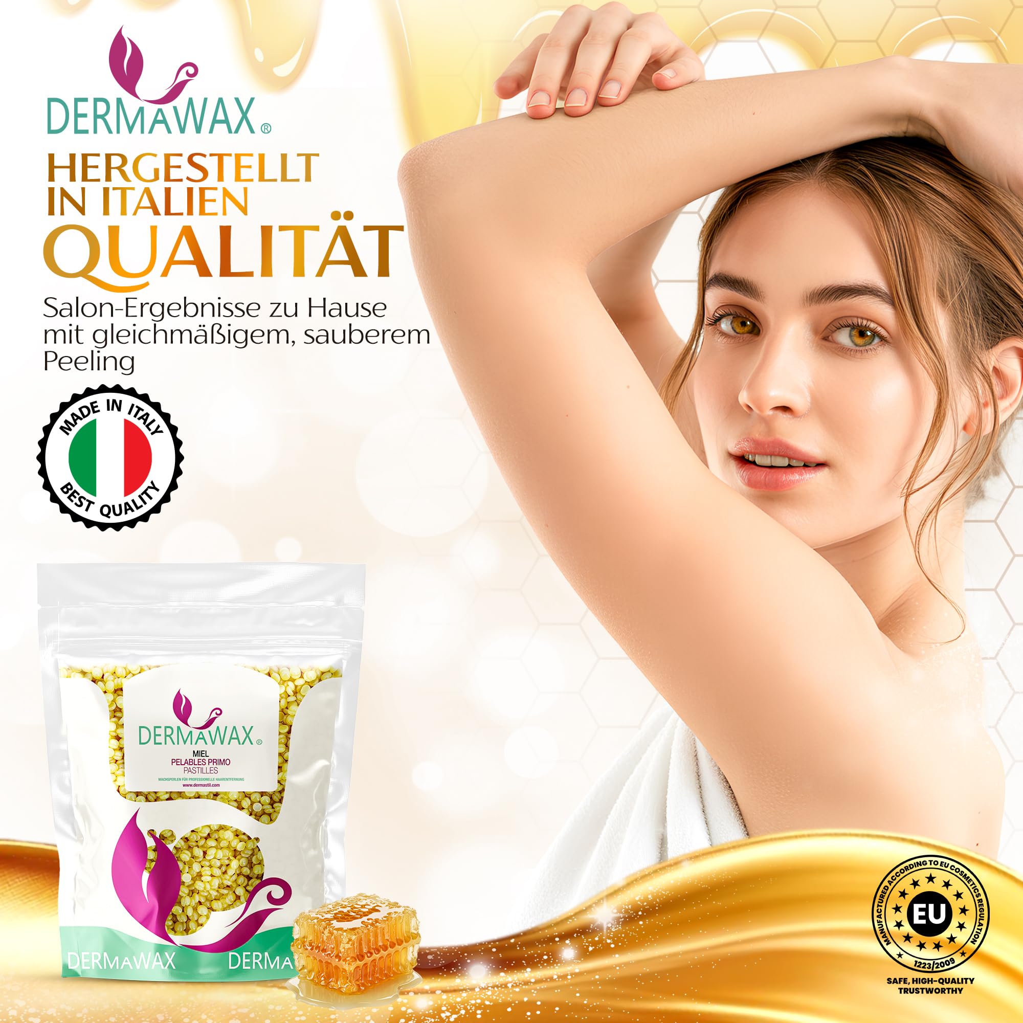 Dermawax Crystal Honig Wachsperlen zur Haarentfernung 1kg – Sanftes Heißwachs für Gesicht, Beine, Achseln & Bikinizone – Warmwachs ohne Streifen – Professionelle Haarentfernung Made in Italy