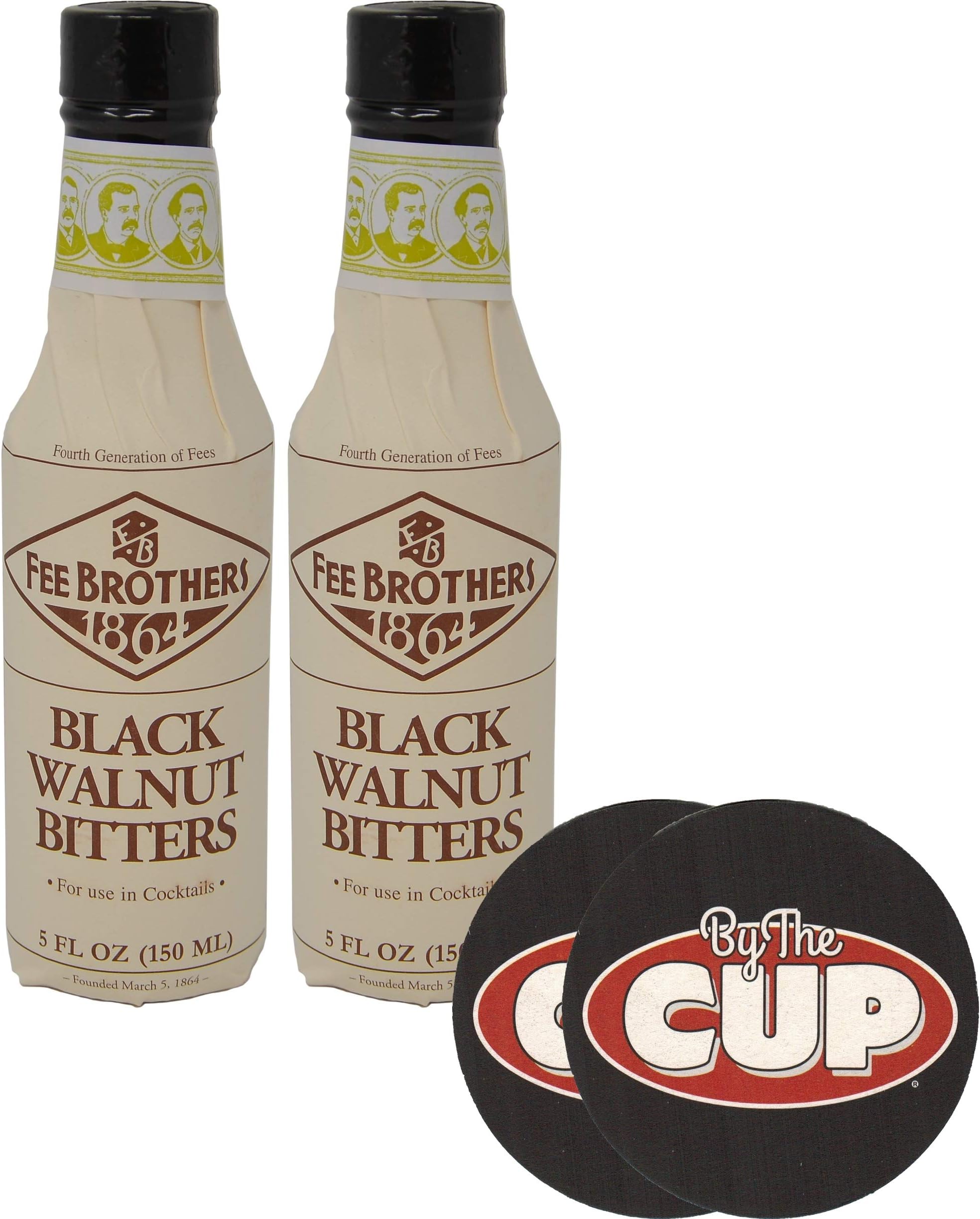 Fee Brothers Black Walnut Cocktail Bitters 5 Ounce (Pack of 2) with By The Cup Coasters