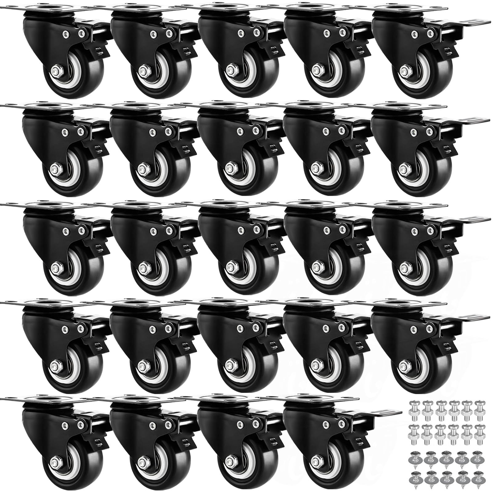 1.5" Casters Set of 24 Heavy-Duty Industrial Caster Wheels with Brake PU No Noise Wheels Double Locking and Double Ball Bearing Swivel Locking Casters