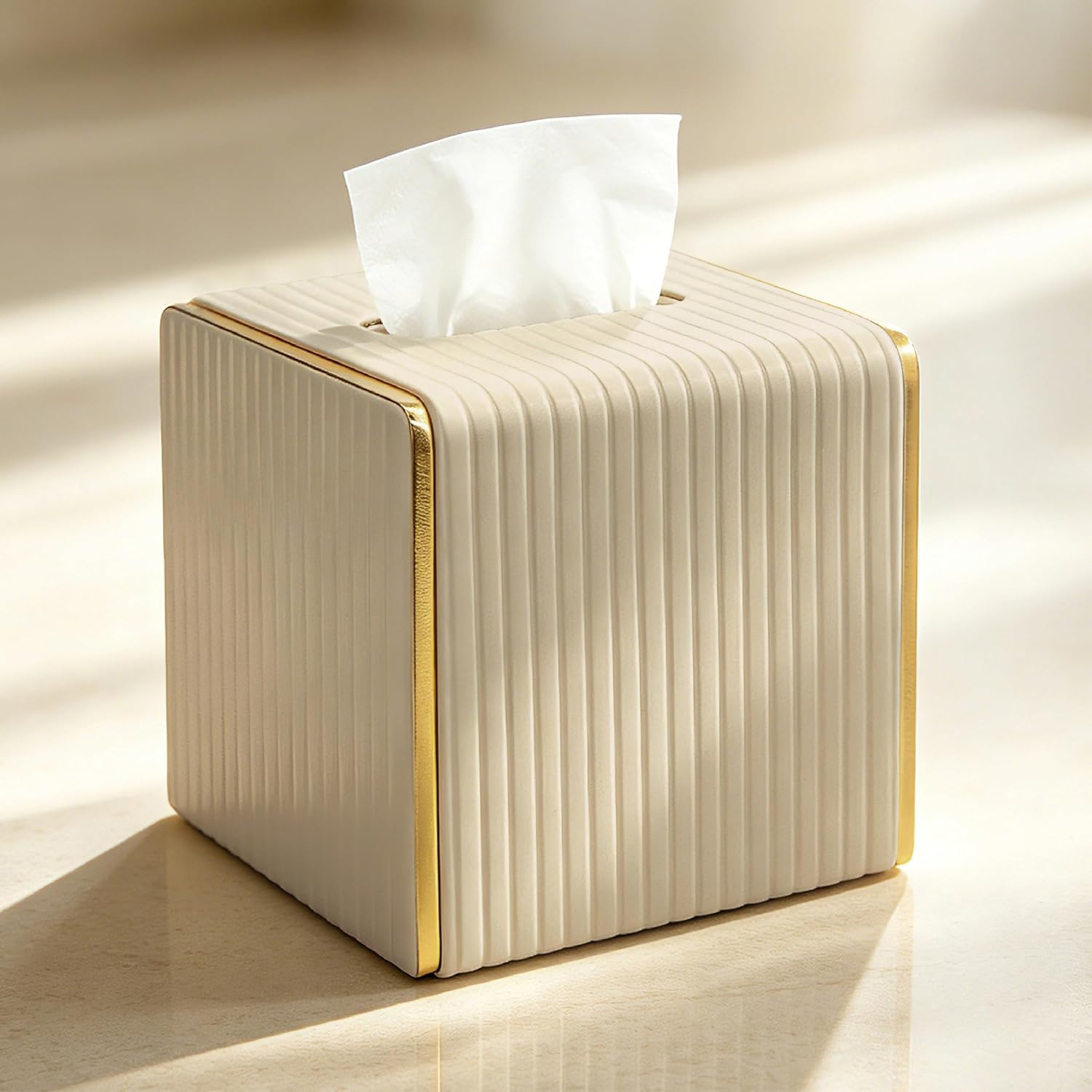 Tissue Box Cover Square PU Leather with Gold Metal Trim Fluted Design Refillable Decorative Tissue Holder for Bathroom Vanity and Living Room (Beige)