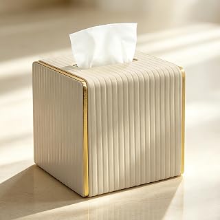 Tissue Box Cover Square PU Leather with Gold Metal Trim Fluted Design Refillable Decorative Tissue Holder for Bathroom Vanity and Living Room (Beige)