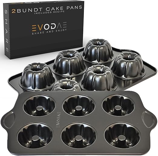 EVODAE® 2 PCS MINI BUNDT CAKE PANS FOR BAKING – 12 Cup (2x6) – Pro-Grade Nonstick Black Coated – Perfect for a SUNNY SUMMER DAY – Mini cake pans - Tube Pan – PFOA & PTFE Free
