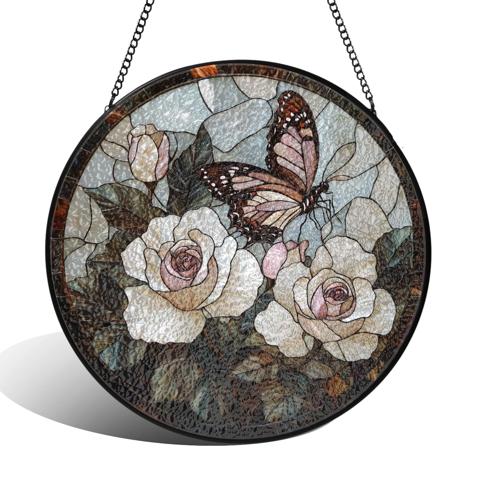 Monarch Butterfly Roses Floral Stained Glass Hanging Suncatcher 8x8INCH A 004 8 × 8 INCH