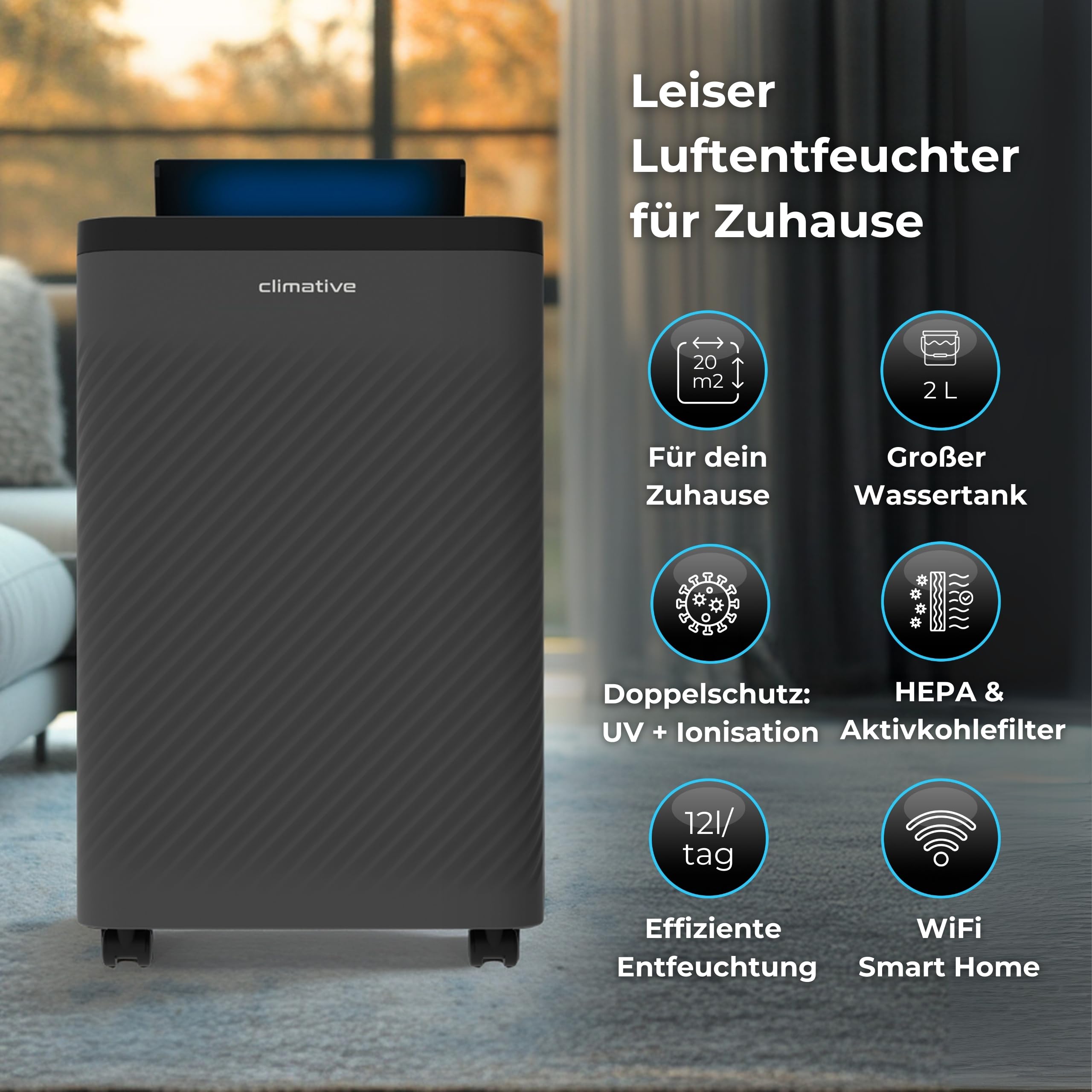 Luftentfeuchter Elektrisch 12L/24h, Air Purifier Nexi ION Grau