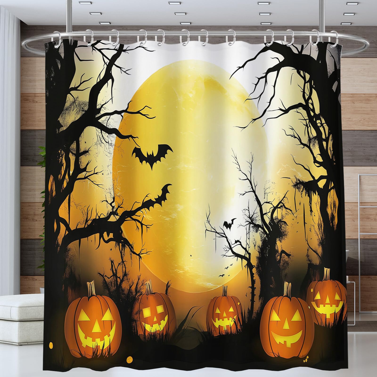 Duschvorhang Kürbis Beim Vollmond H240Xb200Cm | Waldlandschaft Halloween Wasserdichter Stoff Maschinenwaschbarer Badezimmervorhang Mit Haken