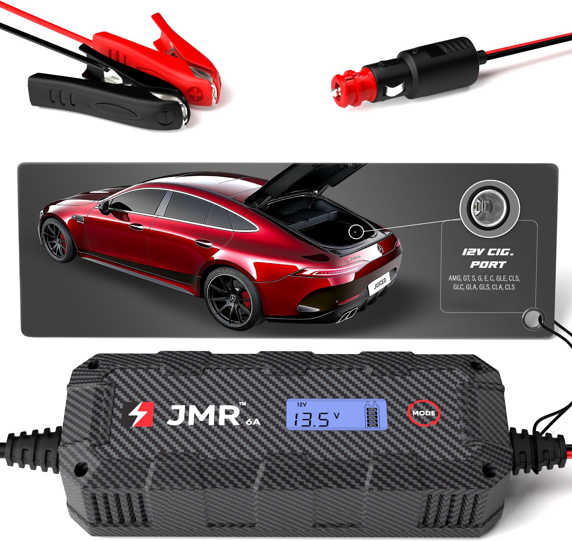 JMR Battery Charger for Mercedes-Benz AMG GT S Class SL G GLS E GLE CLE CLS All Models Trickle Charger Conditioner Maintainer (12V Cig. Port, UK Plug, No Lithium Mode)