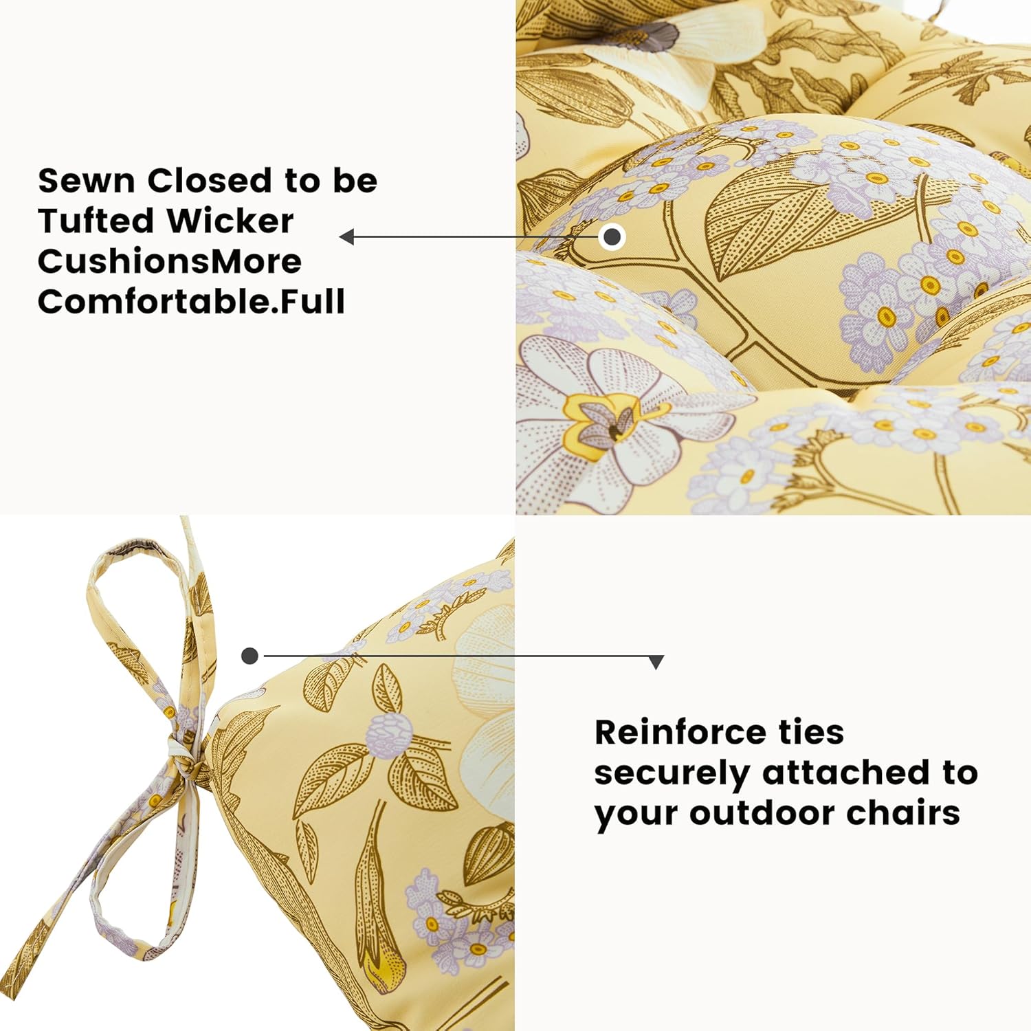 ARTPLAN Patio Chair Cushions, 19"x19"x4",Set of 4,Outdoor Seat Pads with Ties,Tufted Square Wicker Outdoor Cushions for Patio Furniture,Floral