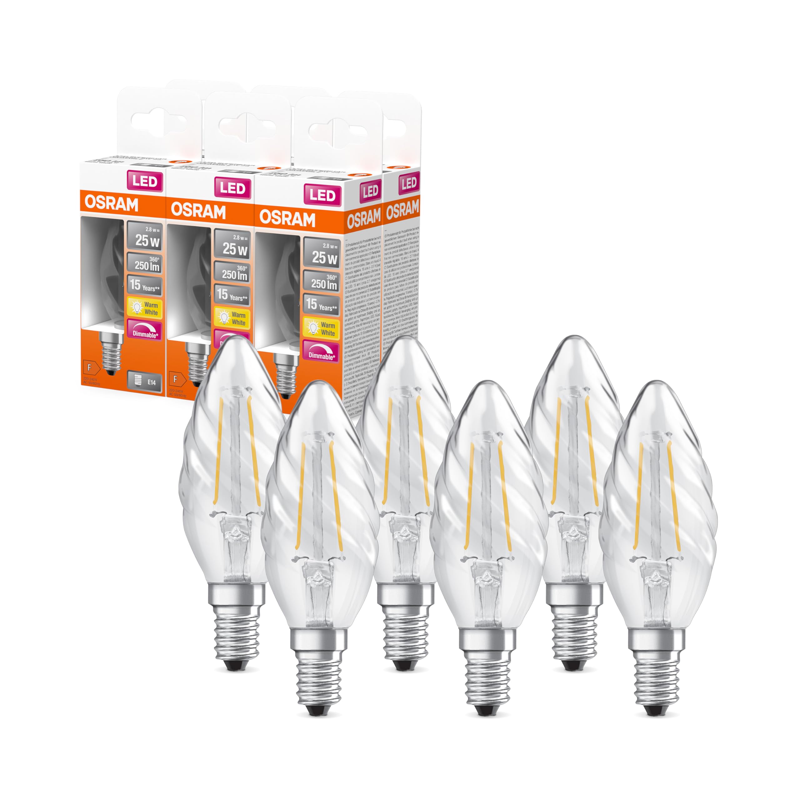 Klasyczna lampa OSRAM LED Superstar z żarnikiem w klasycznym kształcie skręconej mini świecy, przezroczyste szkło bezołowiowe, 2,8 W, 250 lm, ciepłe białe światło (2700 K), trzonek E 14, średnica 35