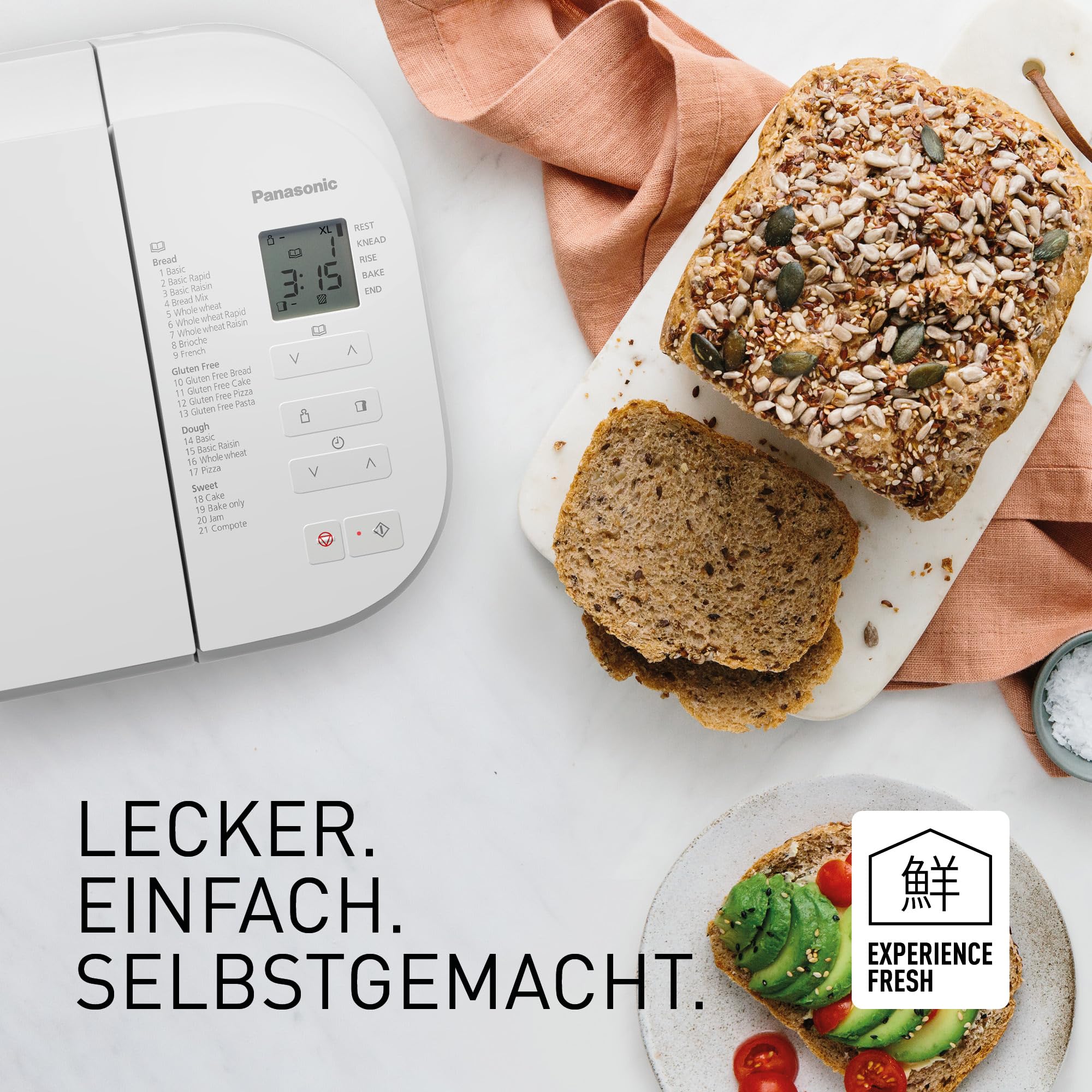 Panasonic SD-B2510W Vollautomatischer Brotbackautomat, 4 glutenfreie Programme, horizontales Design, 21 automatische Programme, 2 Temperatursensoren, 13 Stunden Zeitvorwahl, LCD-Display, Weiß