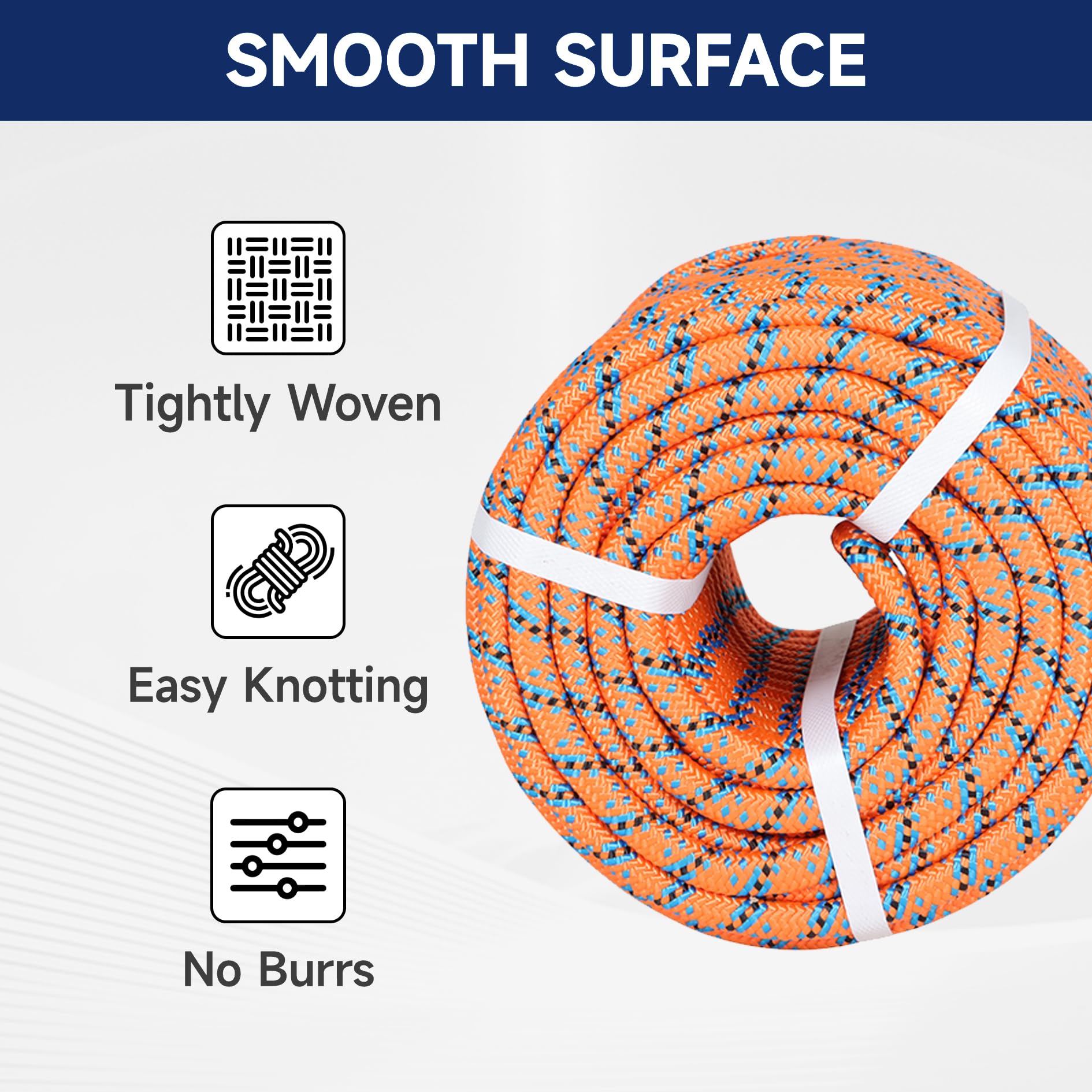 Corde d'arboriste pour arboriste, 1,27 cm par 45,2 m, 32 brins résistance à la traction jusqu'à 18 kN, orange, bleu, noir