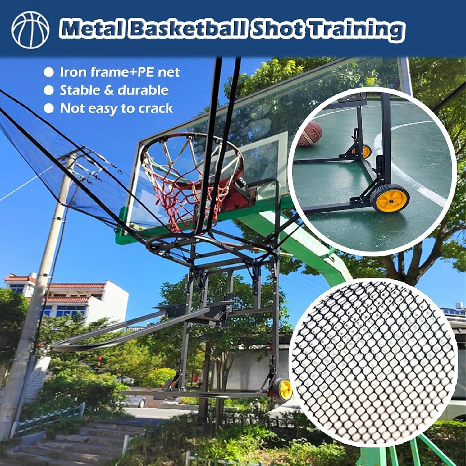 Basketball Rebounder Shot Returner Ball for Hoop with Wheels Net Return with Chute for Parks School Home