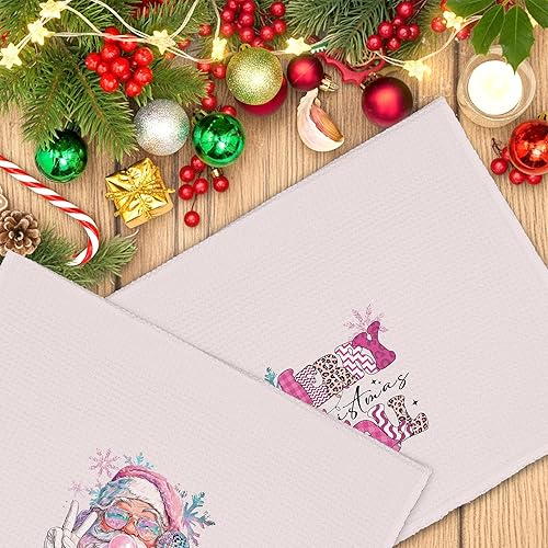 Miniatura 7 de Pink Merry Christmas Y'all - Juego de 2 toallas de cocina de Papá Noel, divertidas toallas de mano retro para decoración de baño de niñas, toalla de