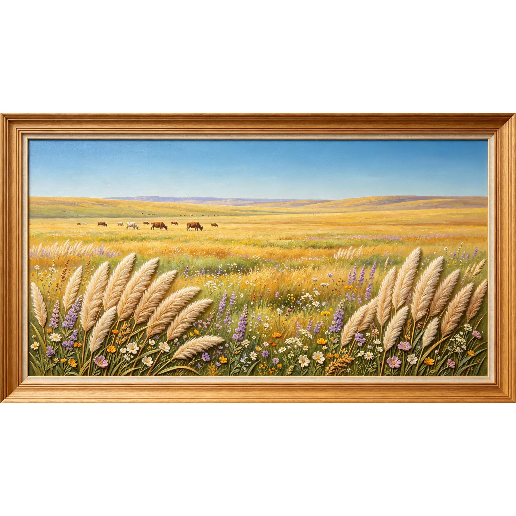QZLITHOTIC 50x90cm3D Framed Wall Art， Pastoral Meadow Landscape Horses Wildflowers Self‑Adhesive Mural， Water‑Activated Peel & Stick Fabric Decor Wall Decal for Bedroom Living Room