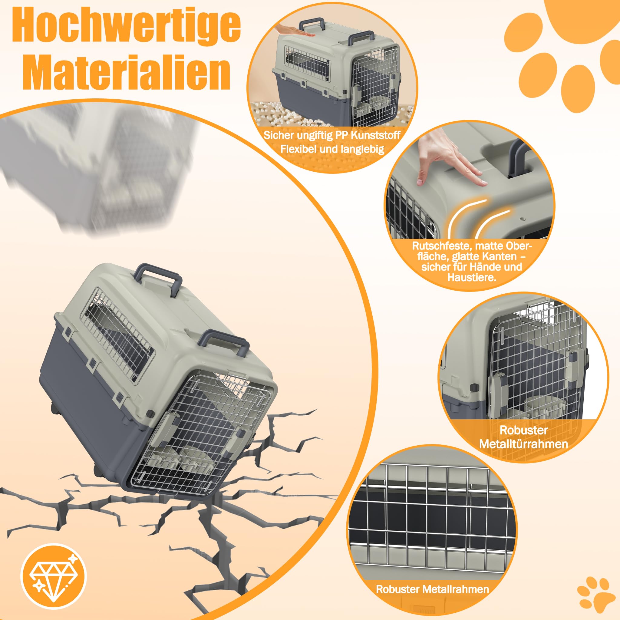 XMTECH Hundetransportbox Transportbox Flugzeugbox für Tiere, Reisebox für Hunde, mit Sicherheitsverriegelung & Lüftungsgitter, L 67 x B 51 x H 45 cm
