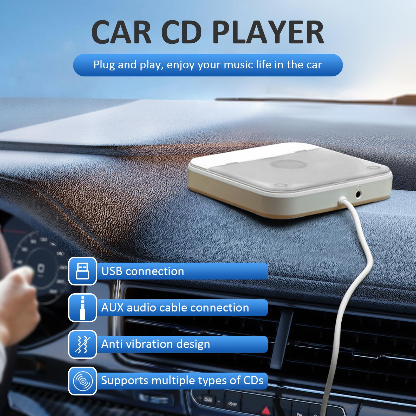 Auto CD Player Laufwerk mit USB-Anschluss - Extern Universal CD Player für Auto PKW LKW, Extra USB-Verlängerungskabel, kompatibel mit Android, Externes CD Laufwerk für Laptop, PC, Fernseher