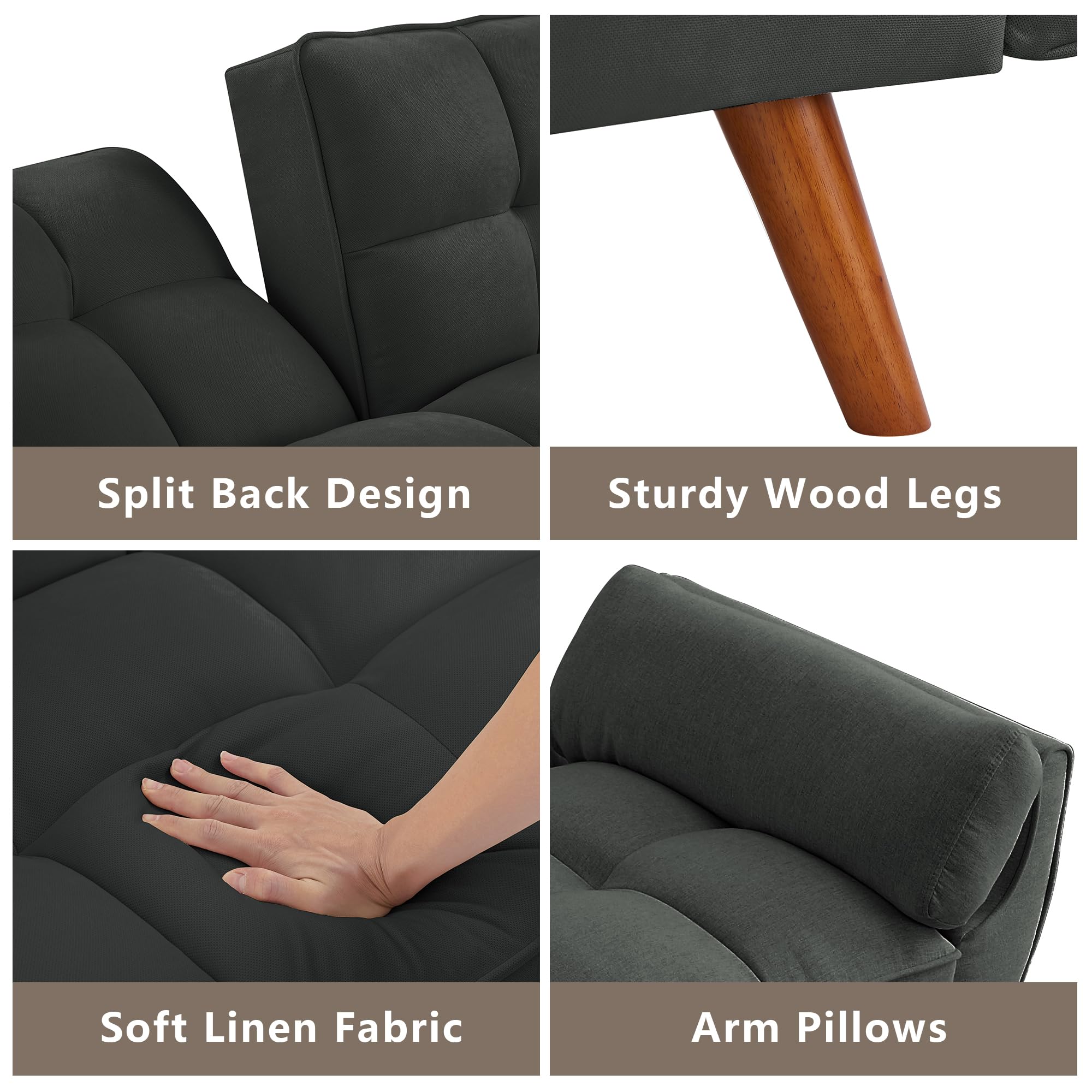 Futon Sofa Bed Modern Convertible Sleeper Sofa, 75” Linen Twin Size Futon Couch Comfy Recliner Sofa Couch with Adjustable Split Backrest for Living Room Small Spaces, Dark Grey
