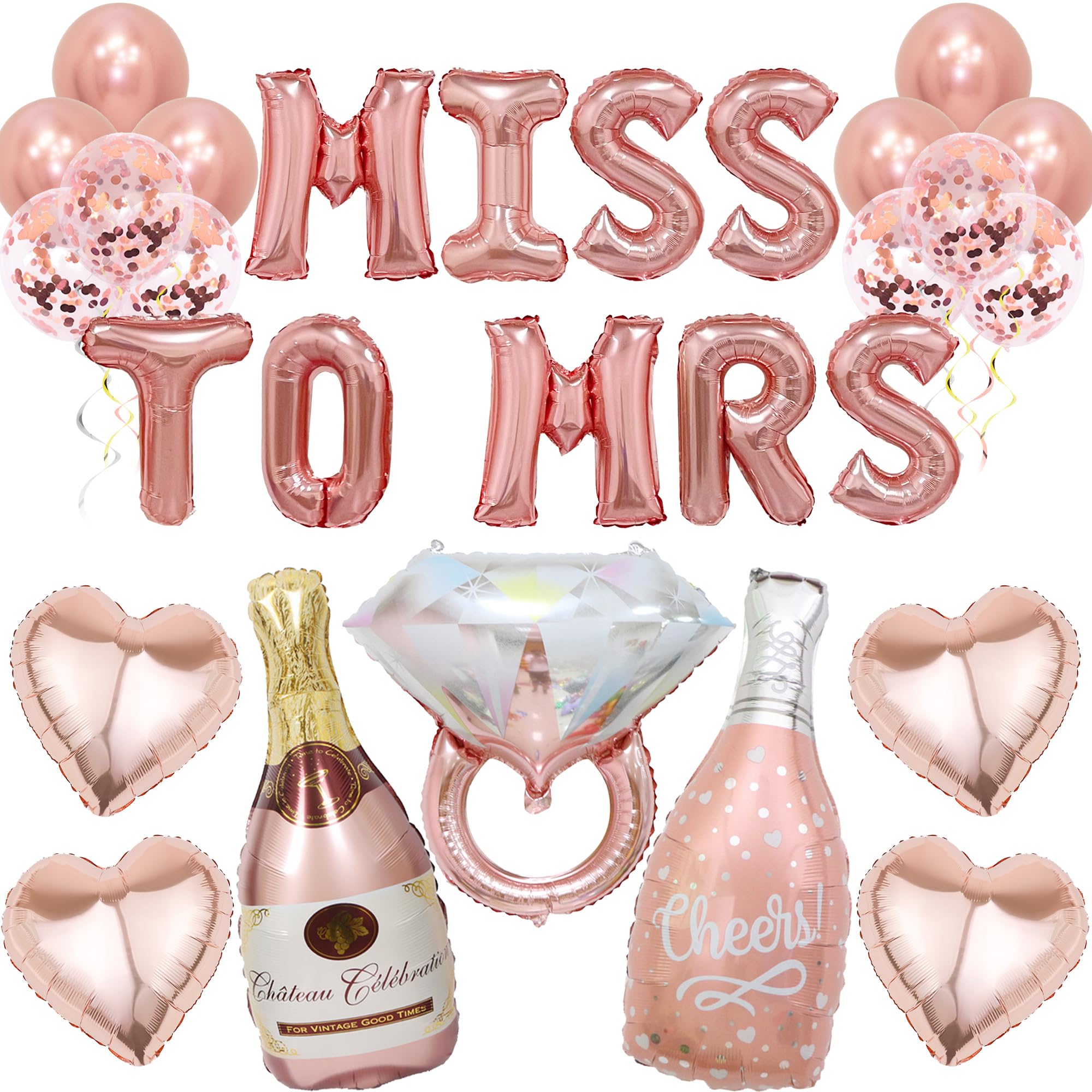 Rose Gold Hen Party Decoration - Miss To Mrs Balloons Banner Large Ring Balloons Confetti Balloons Set, For Wedding Bride To Be Party Bachelorette Bridal Shower Hen Do Party Supplies