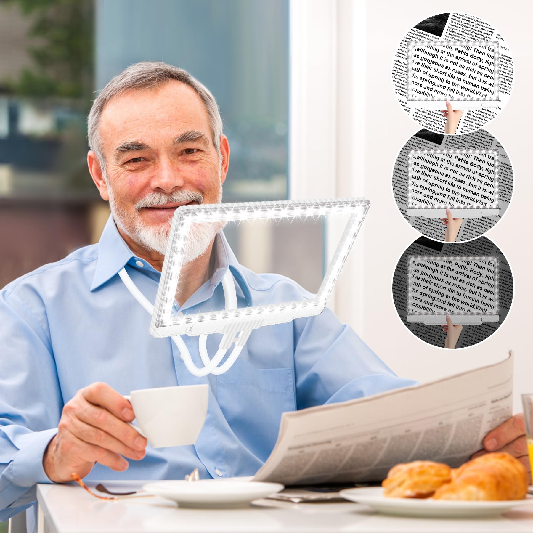 Lente d'ingrandimento 5X con luce e supporto, 43 LED ultra luminosi, lente d'ingrandimento a pagina intera per leggere grandi lenti d'ingrandimento intorno al collo, per anziani con ipovisione