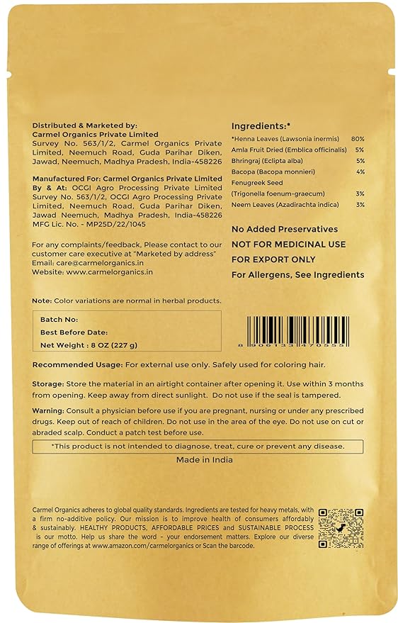CARMEL ORGANICS Polvo de Hojas de Henna 8 oz - Color Natural de Cabello miniatura 2