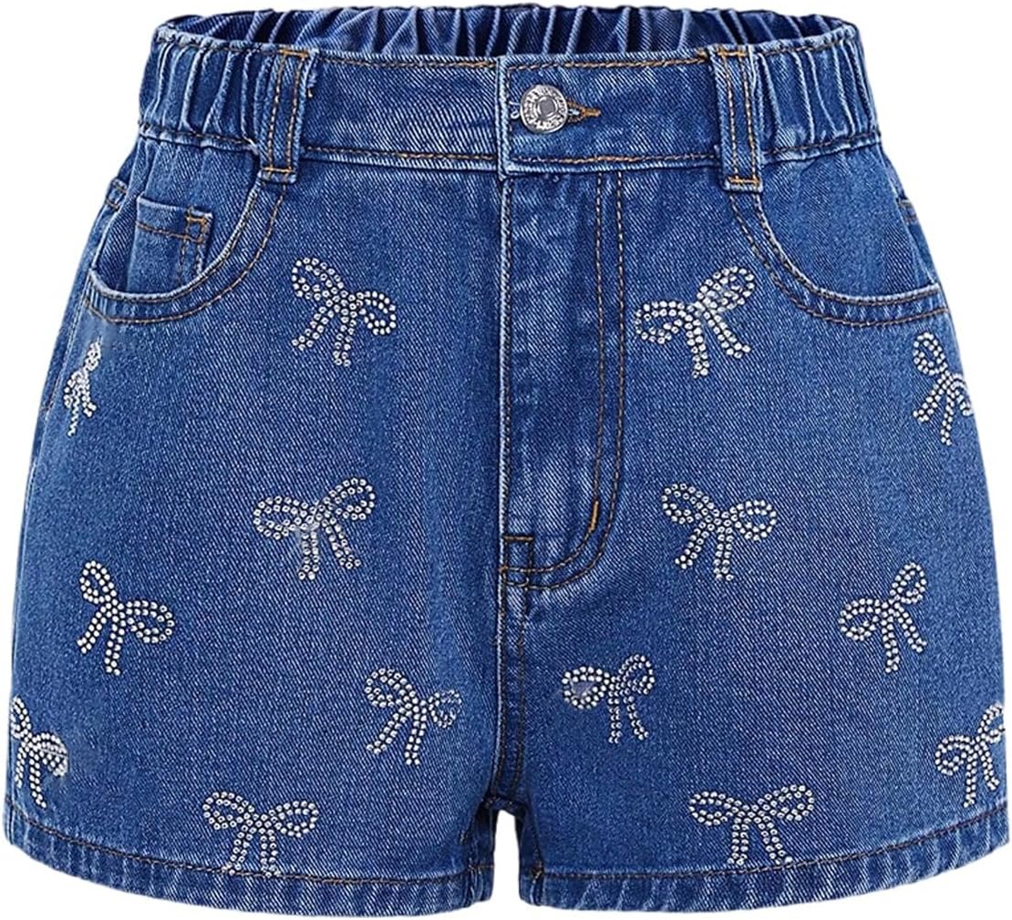 WDIRARA Girl's Bow Rhinestone Denim Shorts Y2k Glitter Elastic Waist Jean Shorts