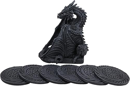 Miniatura 4 de Ebros Gift Juego de posavasos de dragón guardián con alas góticas con nudos celtas, con 6 posavasos redondos de 6.25 pulgadas de alto, Calabozos y