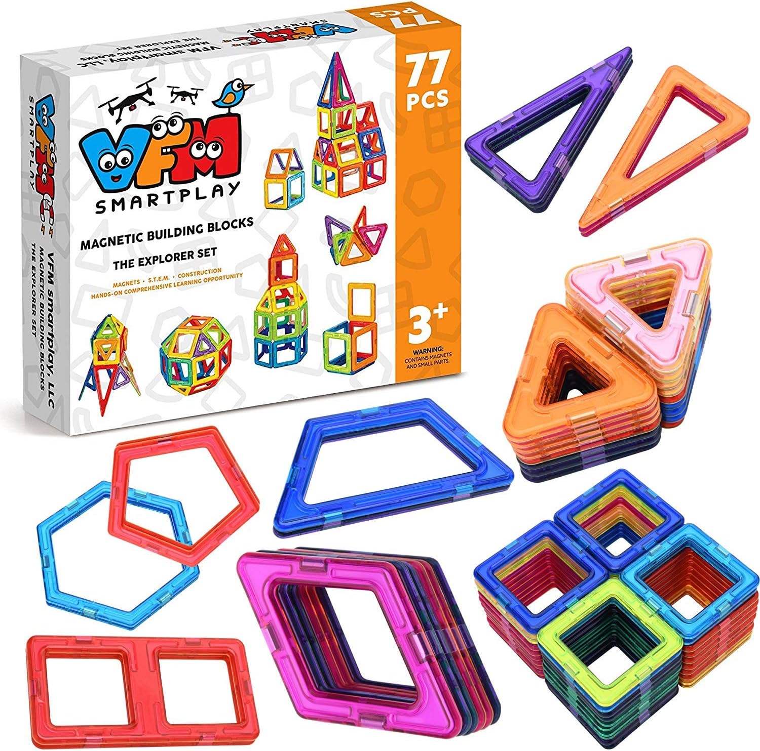 77 PCS Magnetic Building Blocks - Magnetic Tiles Toys with Strong Magnets for Kids Toddlers Babies - Creativity Beyond Imagination by VFM Smartplay