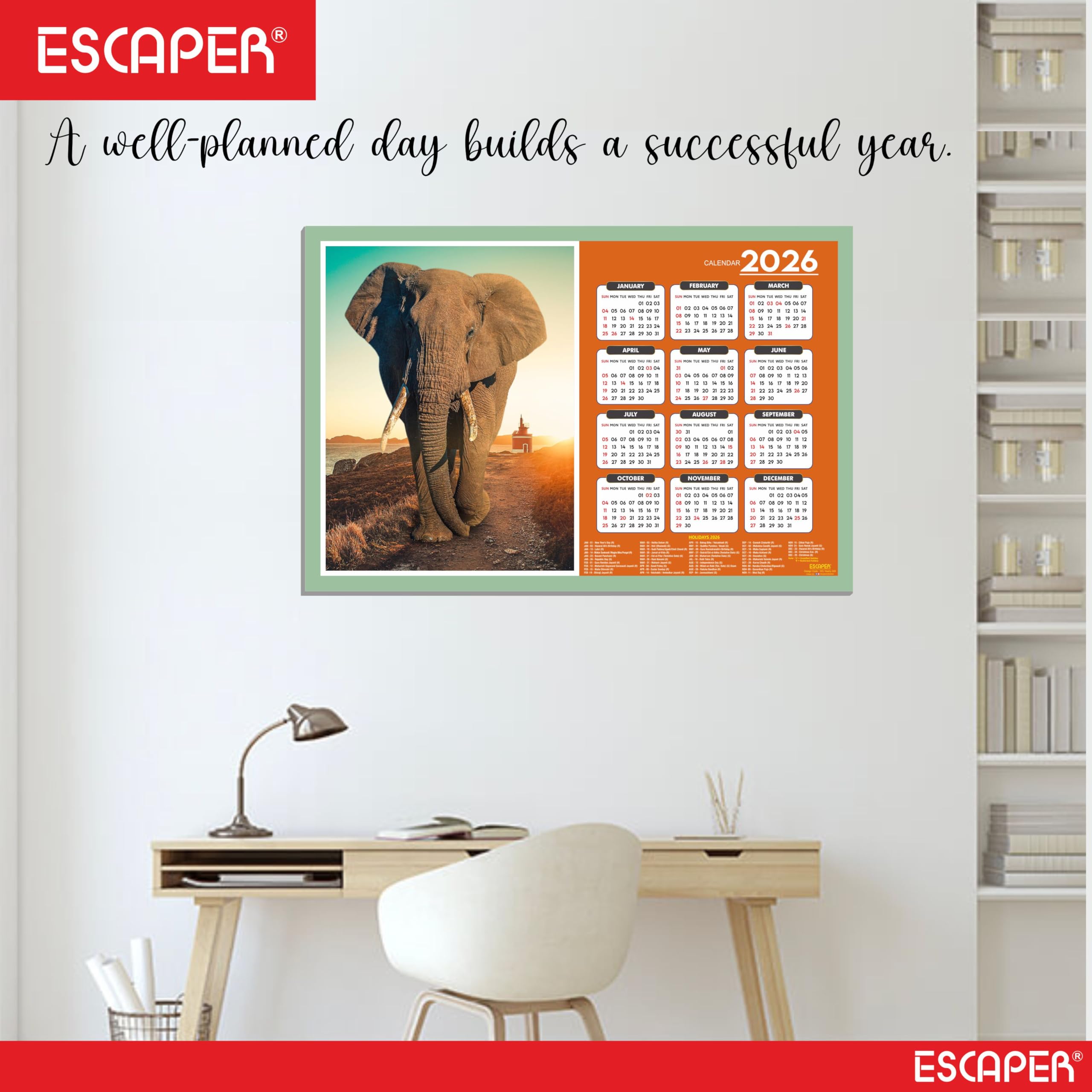 ESCAPER Calendario de pared de animales 2026 - 45 x 30 cm, fotos de león, tigre, elefante, caballo y pantera, calendario de decoración de pared para el hogar, oficina y habitación de los niños