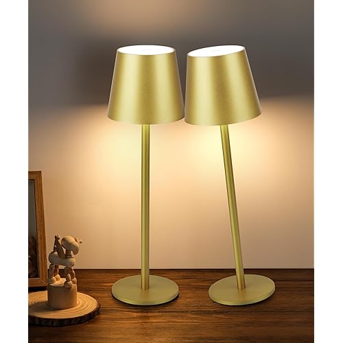 2Pack Cordless Table Lamp, 5200mAh IP54 Waterproof Rechargeable Battery Desk Lamp, 3 Color Stepless Dimming Up，Battery Operated Lamp for Kitchen/Outdoor/Restaurant/Camping (Champagne)