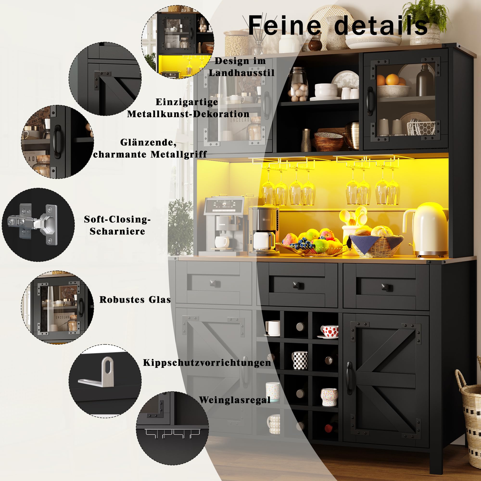 Küchenschrank Hochschrank mit LED Licht und USB Steckdose, Küchenbuffet Buffetschrank mit 4 Türen und Schubladen, Highboard Sideboard Schrank Schwarz mit Schubladen und Weinregal, 120x40x170 cm
