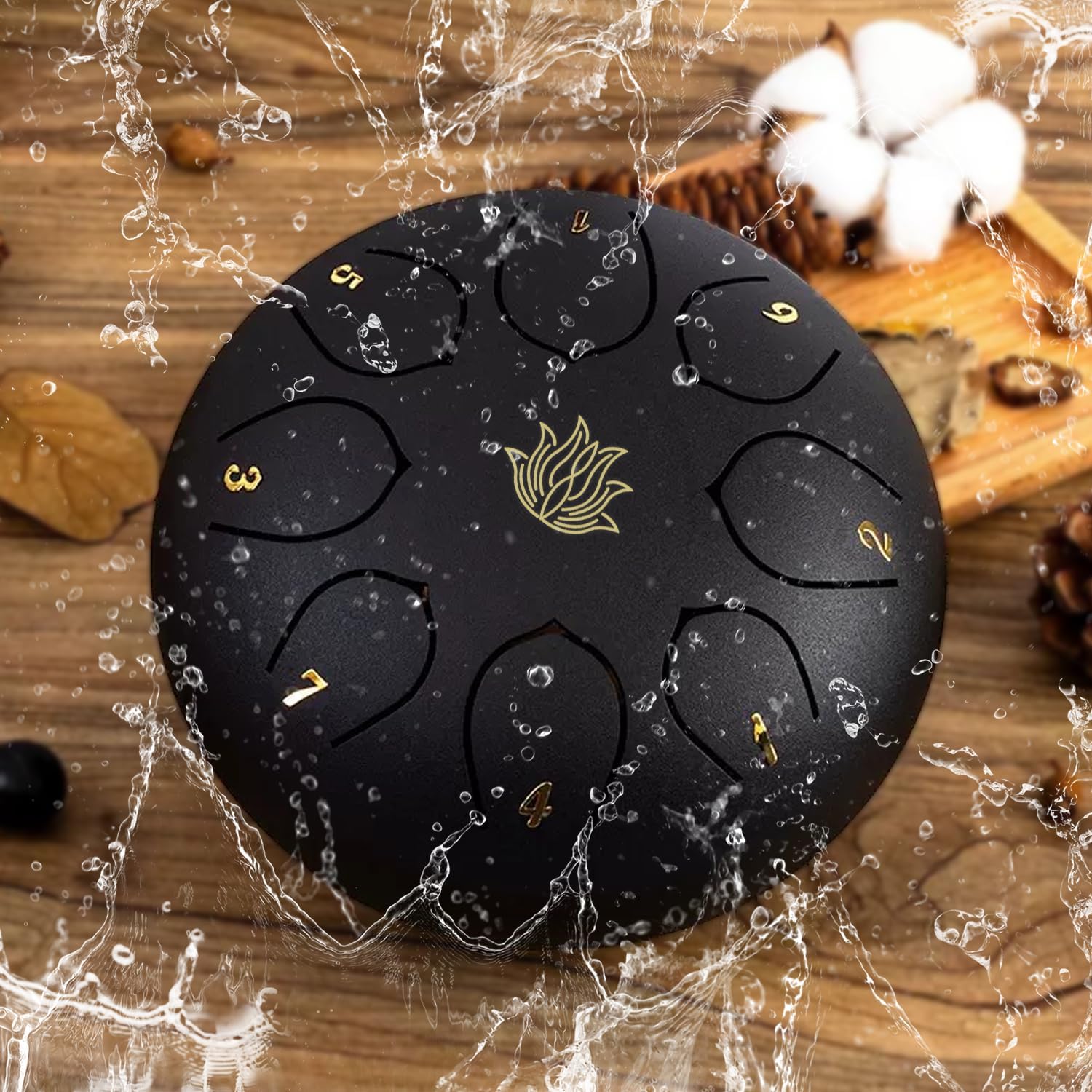 Rain Chime Drum - 8 Note 6 Inch Rain Drum for Outside Garden, with Bag, Music Book, Drumsticks, Mallet Holder and Finger Paddles, Steel Tongue Drum for Gifts Yoga Education (Black)